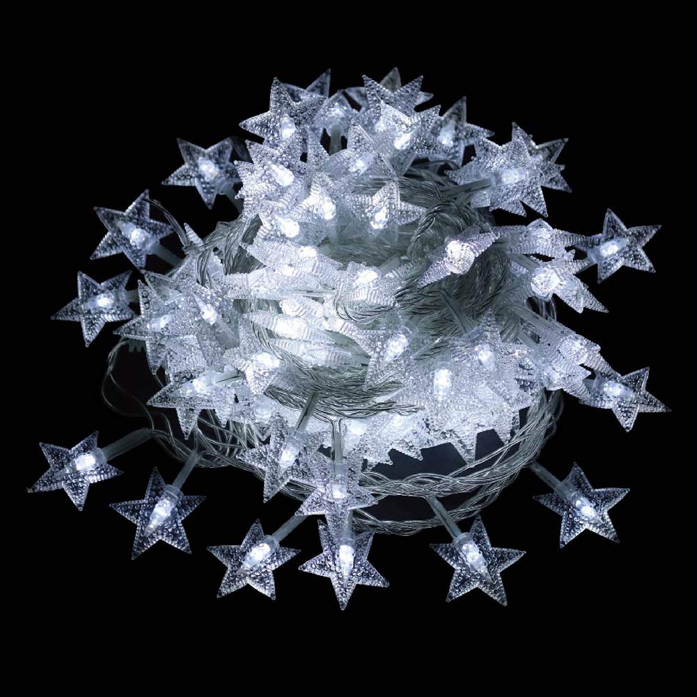 Twinkle Star 100 LED White Star String Lights, Waterproof, 49 ft, Plug-in Fairy Lights for Indoor/Outdoor Wedding, Christmas, Garden Decor