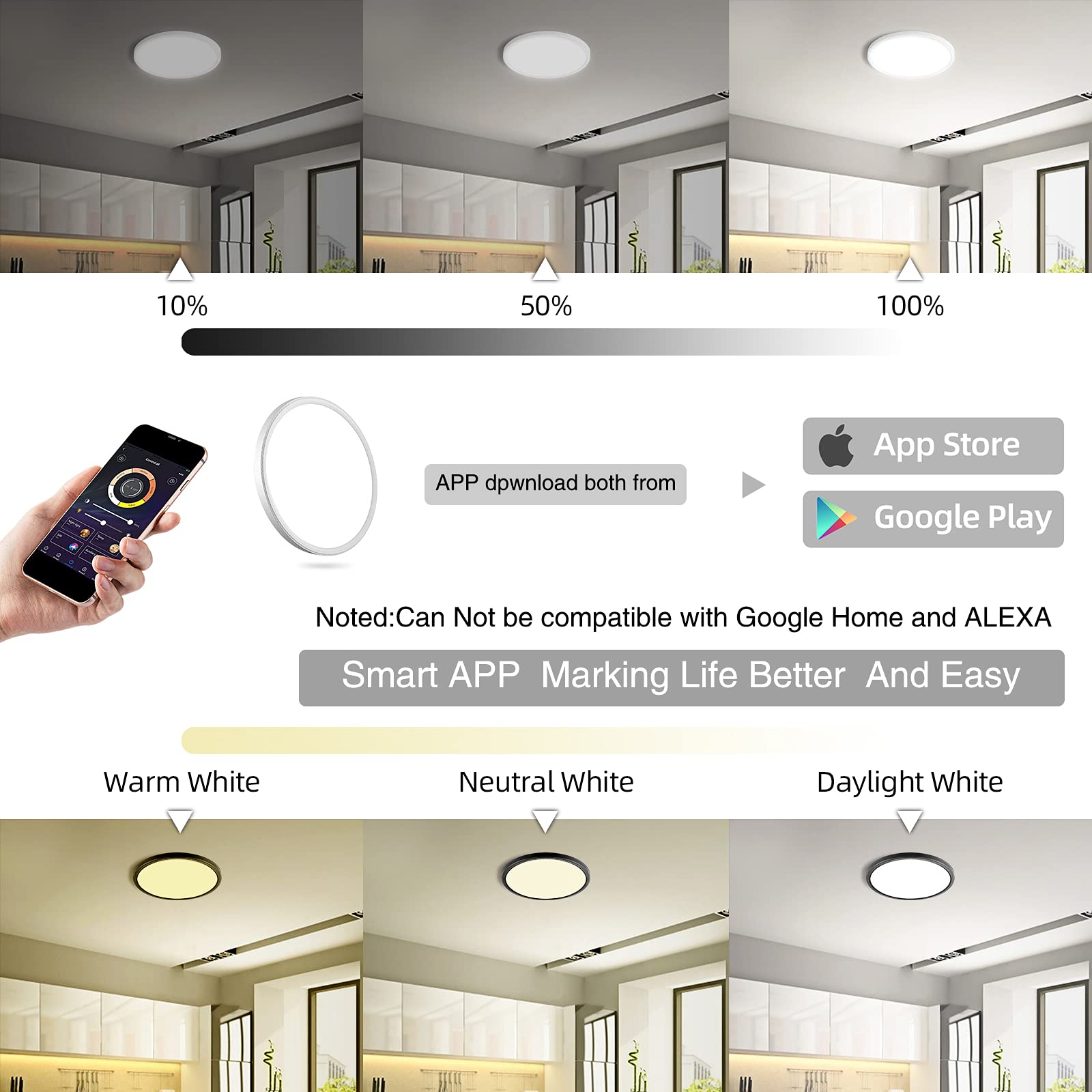 Modern 2 Pack Dimmable Led Flush Mount Ceiling Light,12Inch 28W High Bright 3100Lm, Smart App Control, Super Slim Ceiling Light,
