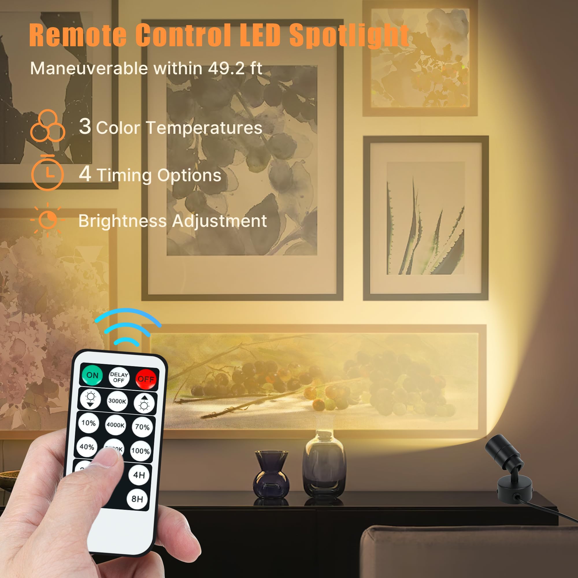 Led Spotlights Indoor, 5W Plants Uplighting With Remote Control Dimmable & Timer, 3000K/4000K/5000K Adjustable Floor Spot Lights