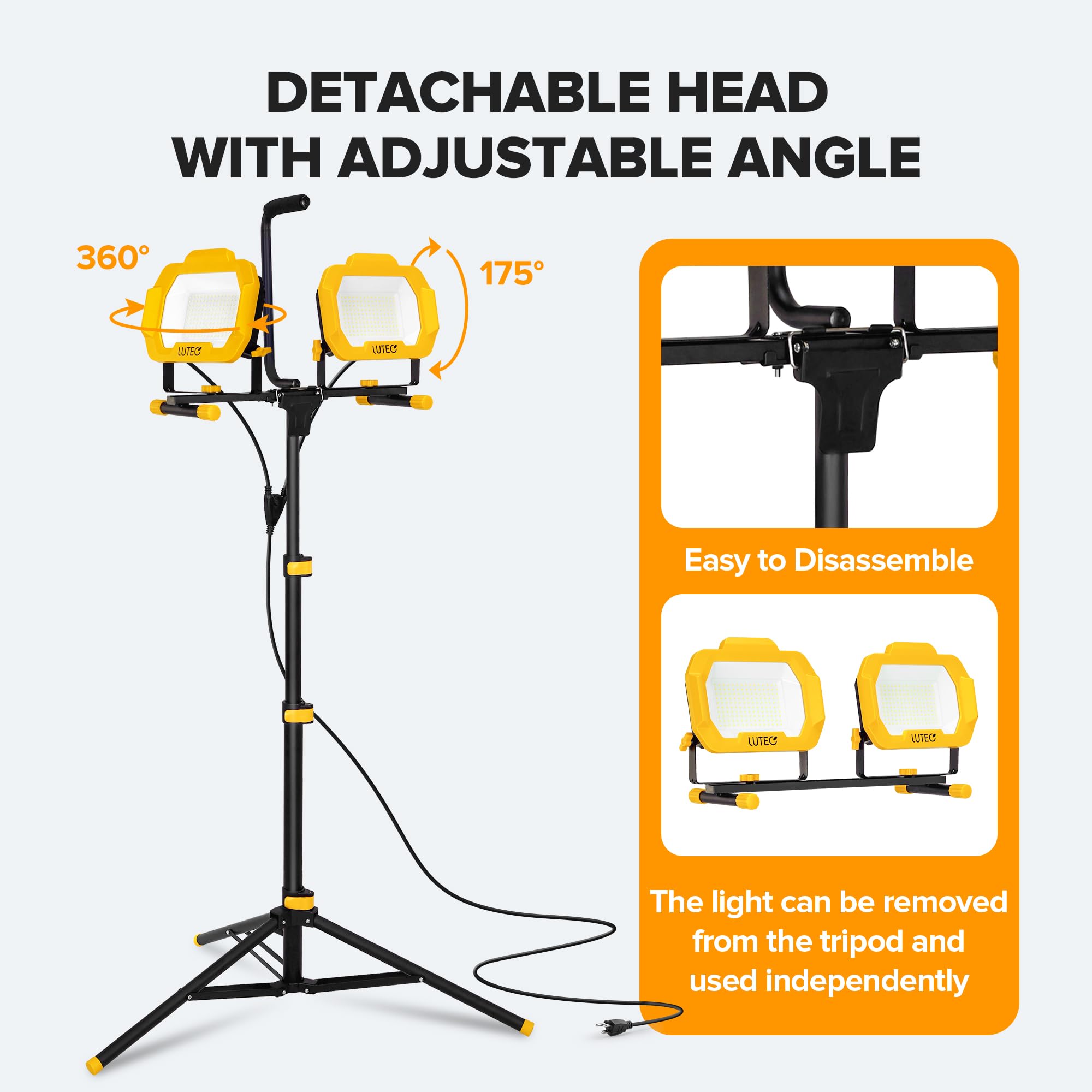 LUTEC 25000 Lumen Dual Head LED Work Light, Dimmable, IP65 Waterproof, with Telescoping Tripod & 8.2 Ft Cord, Yellow