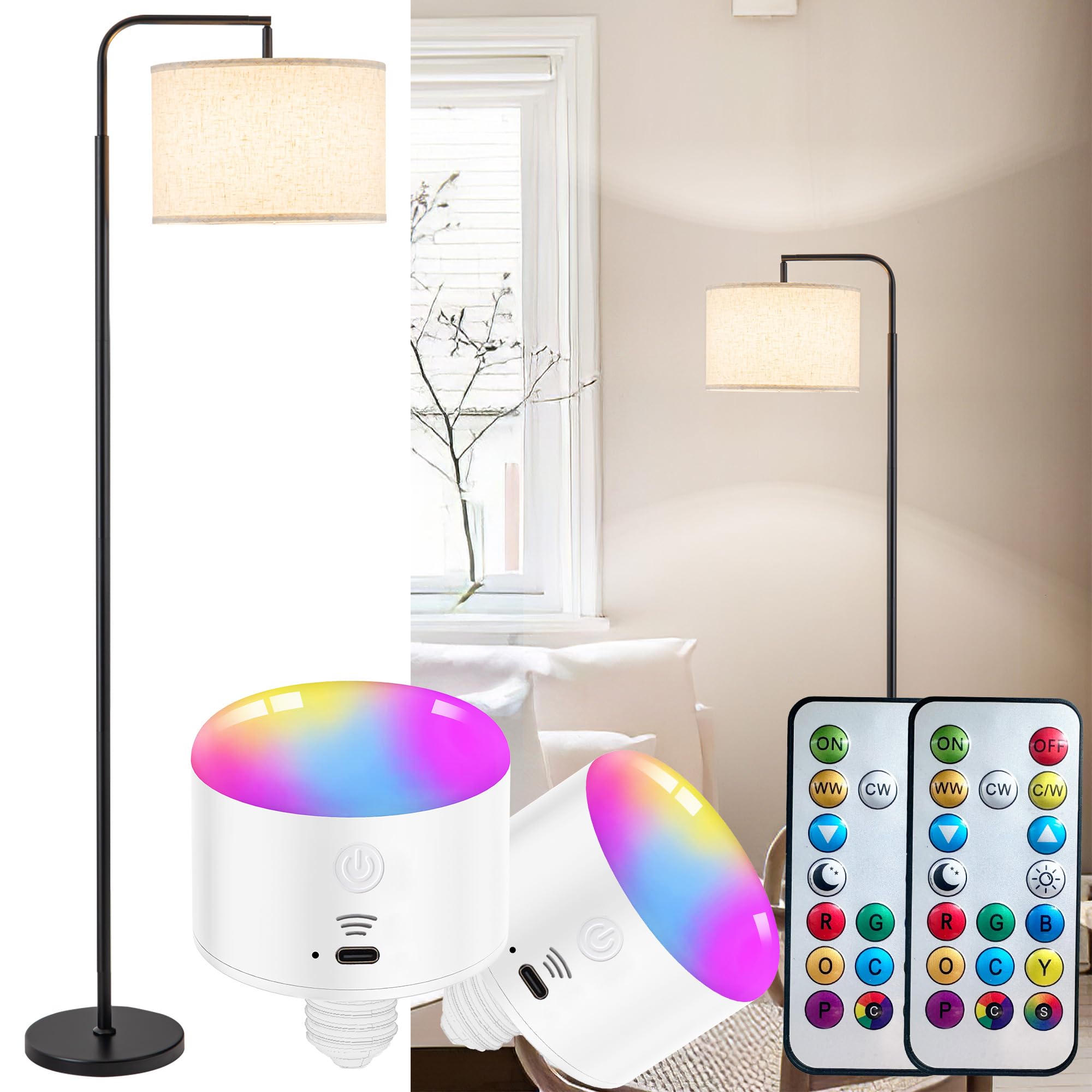 Nekhung Battery Operated Floor Lamp with Remote Control,Dimmable Cordless Floor Lamp for Living Room,Portable Arc Standing Lamp