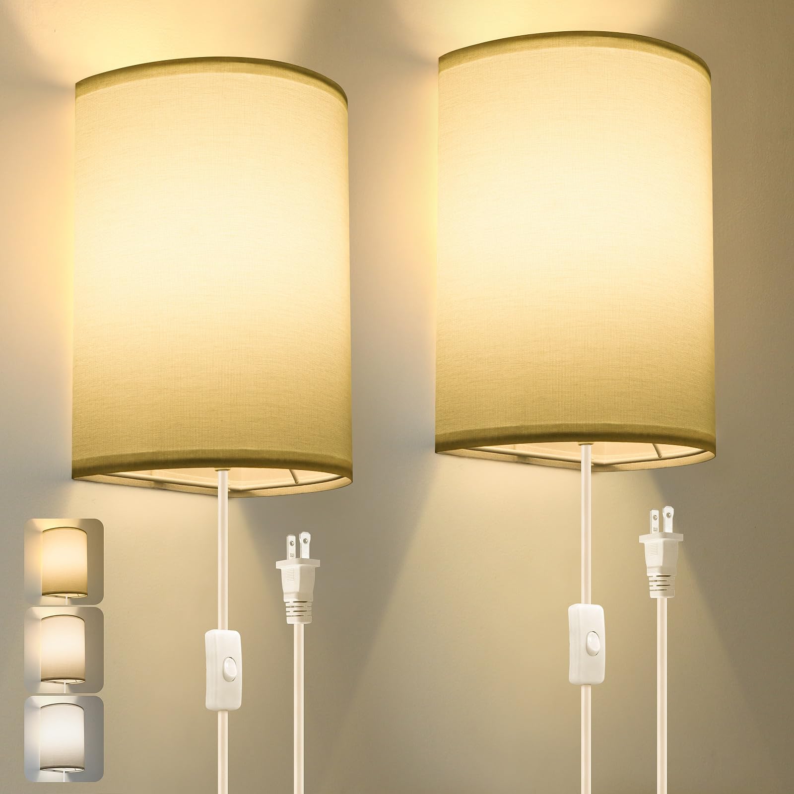 Beser·Win Wall Lamp, Industrial Plug-in Sconce, Fabric, On/Off Switch, Set of Two, White, Model: wall lamp-005