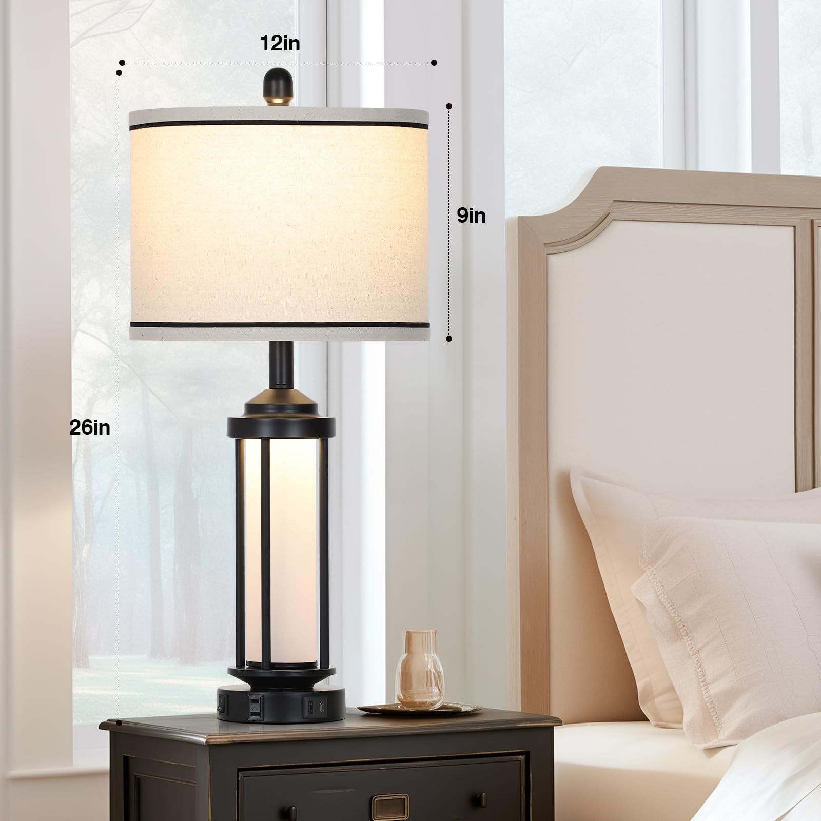 Rinweey Set of 2 Black Farmhouse Table Lamps with USB Ports & AC Outlet, 27" Modern Linen Shade
