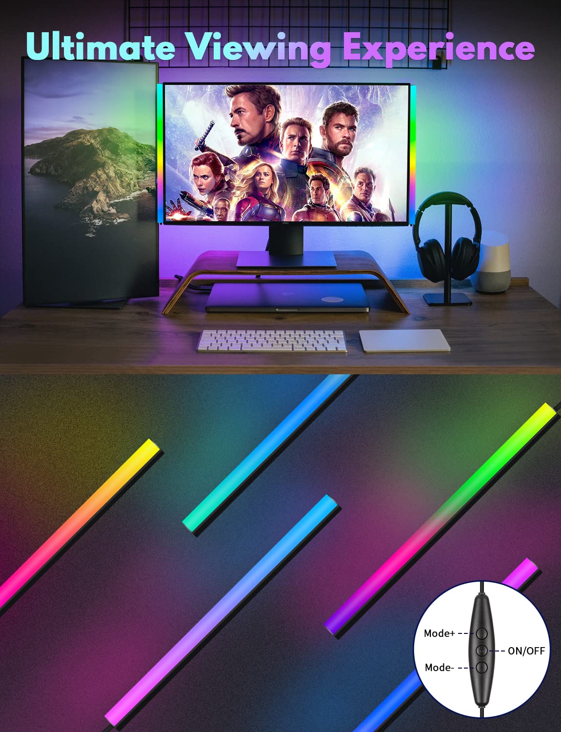 JUSJUBR RGB Under Monitor Light Bar, 2pcs x 12 inch, Aluminum, 353 Color Modes, Black, Remote Control, Gaming Setup Lights
