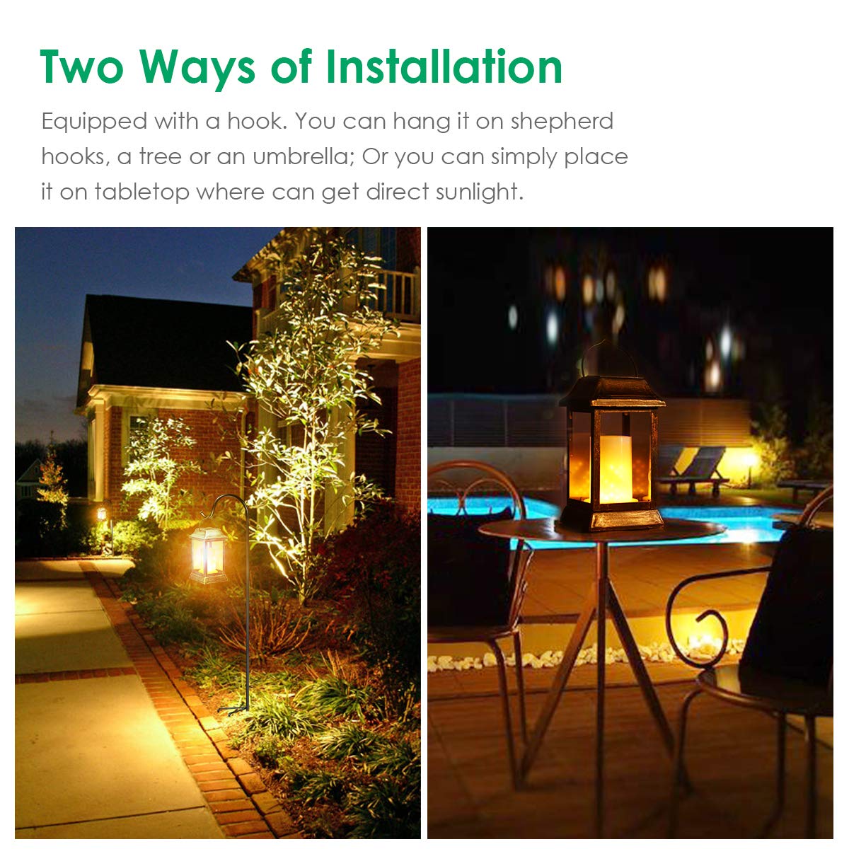 TomCare Solar Lanterns - 2 Pack Metal Flickering Flame LED Lights, Waterproof, Bronze, Model SZ-19003 for Outdoor Patio Garden Decor