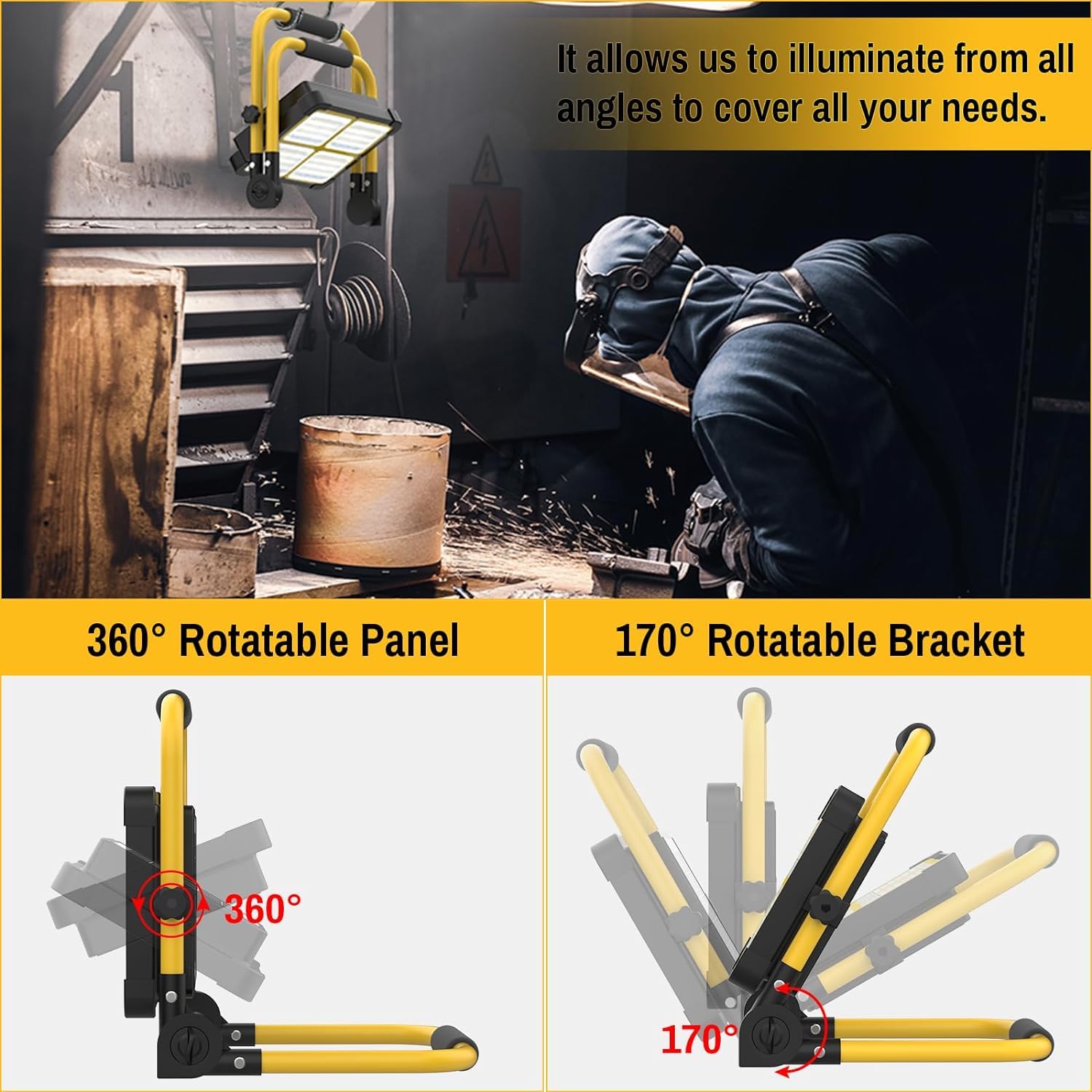 Solar Work Light Rechargeable Spotlight with Stand, MASMEJOR Rechargeable Worklight 12000mAh/ 10000LM/ 336 LEDs/ 4 Lighting Mode