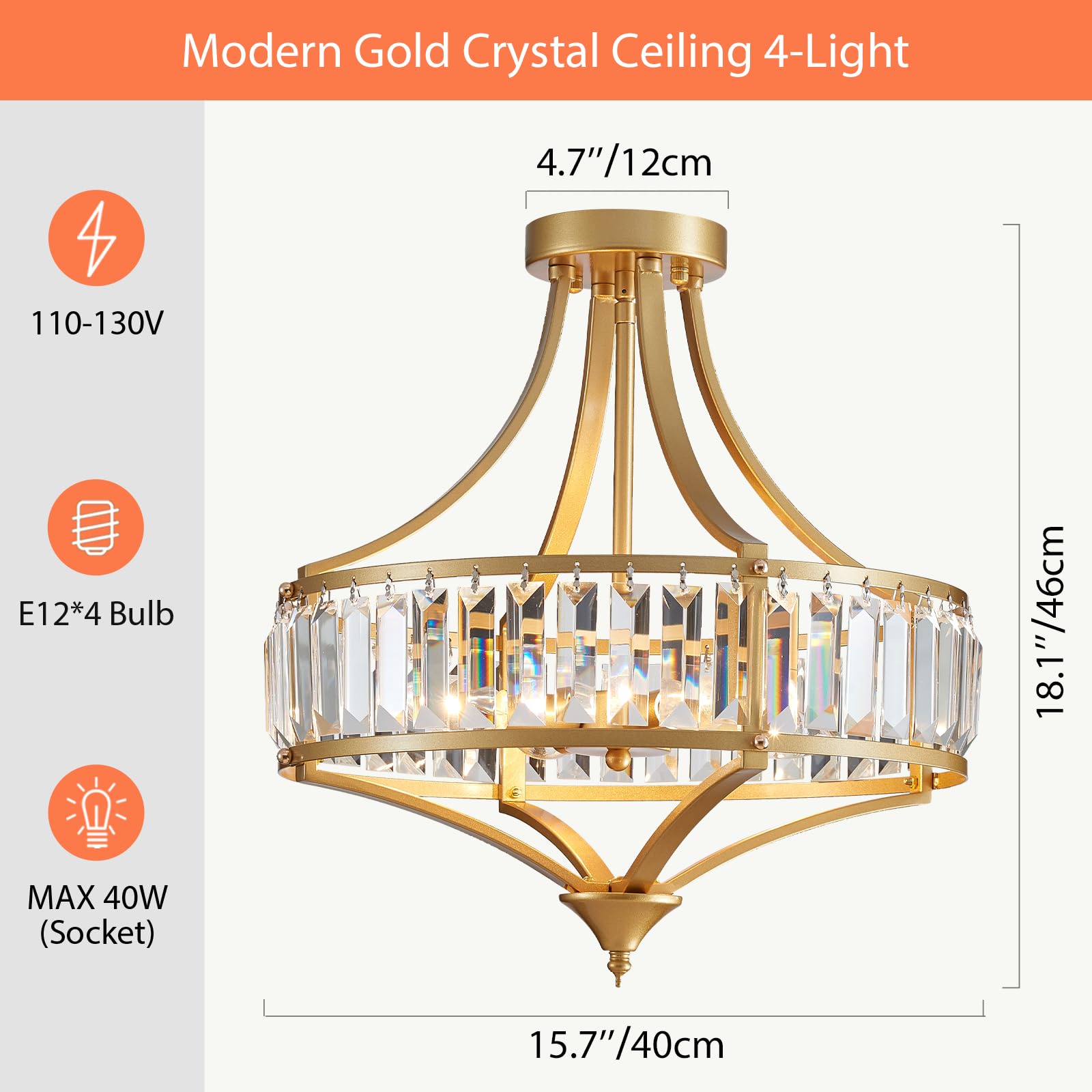 Modern Crystal Chandelier 4 Lights Gold Semi Flush Mount Ceiling Light Fixture E12 Base Farmhouse Chandelier For Dining Room Bed