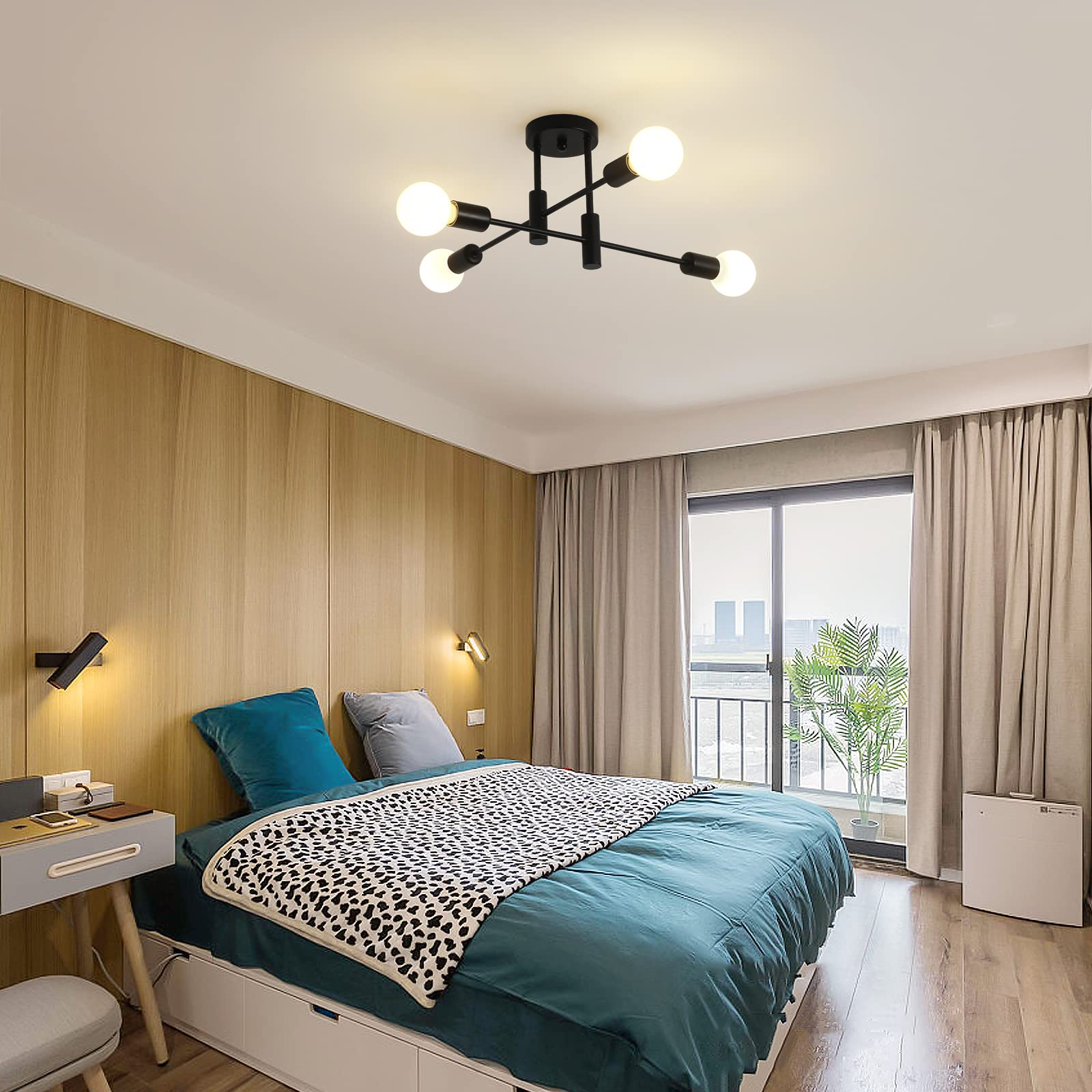 Garwarm Black Semi Flush Mount Ceiling Light Fixture, 4-Light Modern Industrial Sputnik Chandelier Light Fixture, Flush Mount Ce