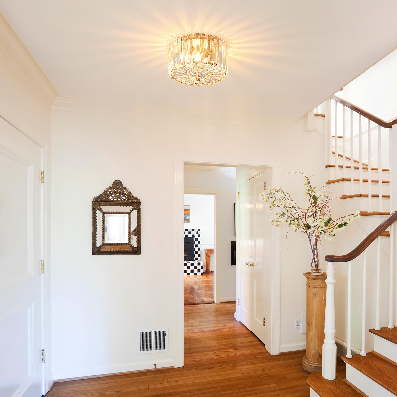 Pasentel 8.89 Small Crystal Ceiling Light  Modern Semi Flush Mount Ceiling Lighting Fixture  Gold Crystal Mini Chandelier For Hallway  Kitchen Entryway Laundry Room  2-Light  Xdd007-1-G