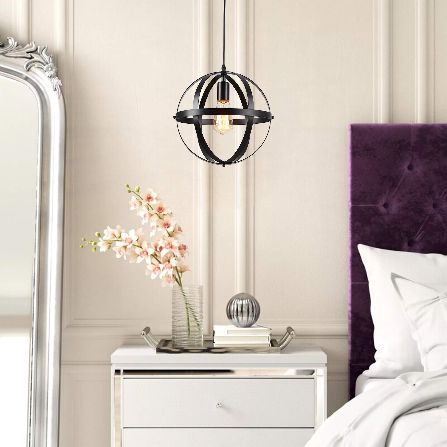 riomasee Plug-in Chandelier, Industrial Metal Globe Light Fixture, 14.27 ft Cord, Vintage Black, RM001-21, for Dining Room, Kitchen, Bedroom