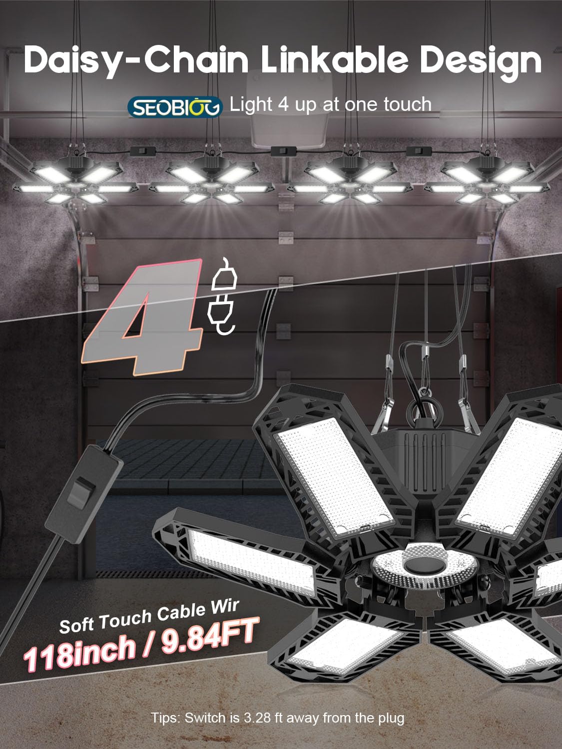 Seobiog 2 Pack Garage Light, 200W 20000Lm Led Ceiling Lights, 6500K, Deformable Panels, Black