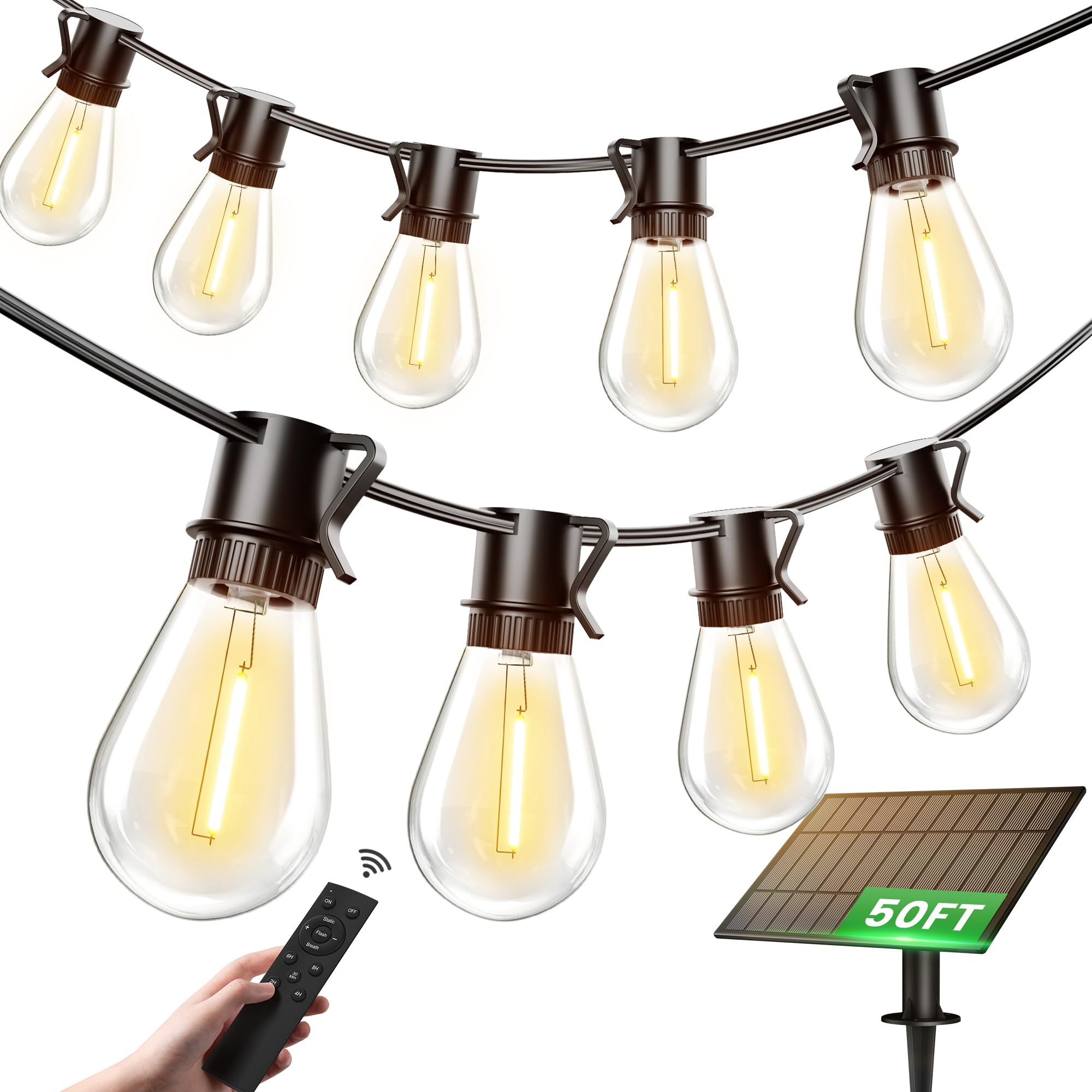Torkase Solar Patio Lights 50FT with 15+1 Shatterproof LED Bulbs, USB Rechargeable, Waterproof, Warm White, Model YGM-S14-15S
