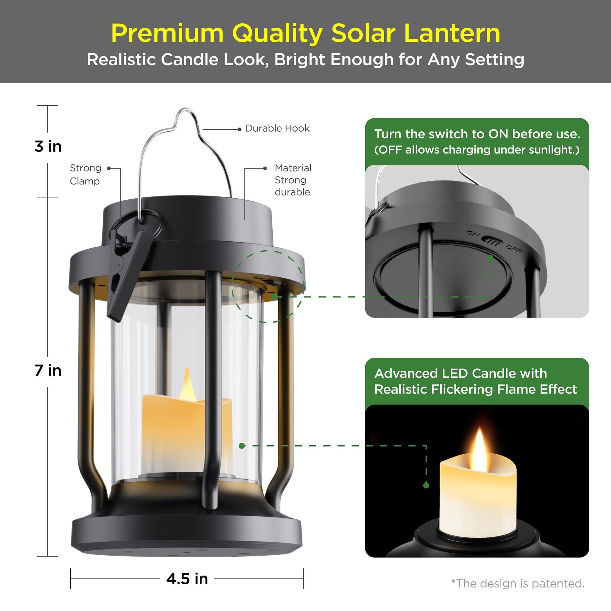 FriutShine Solar Lantern – Flickering Flameless Candle, Weatherproof, 1 Pack, Black, Model L01