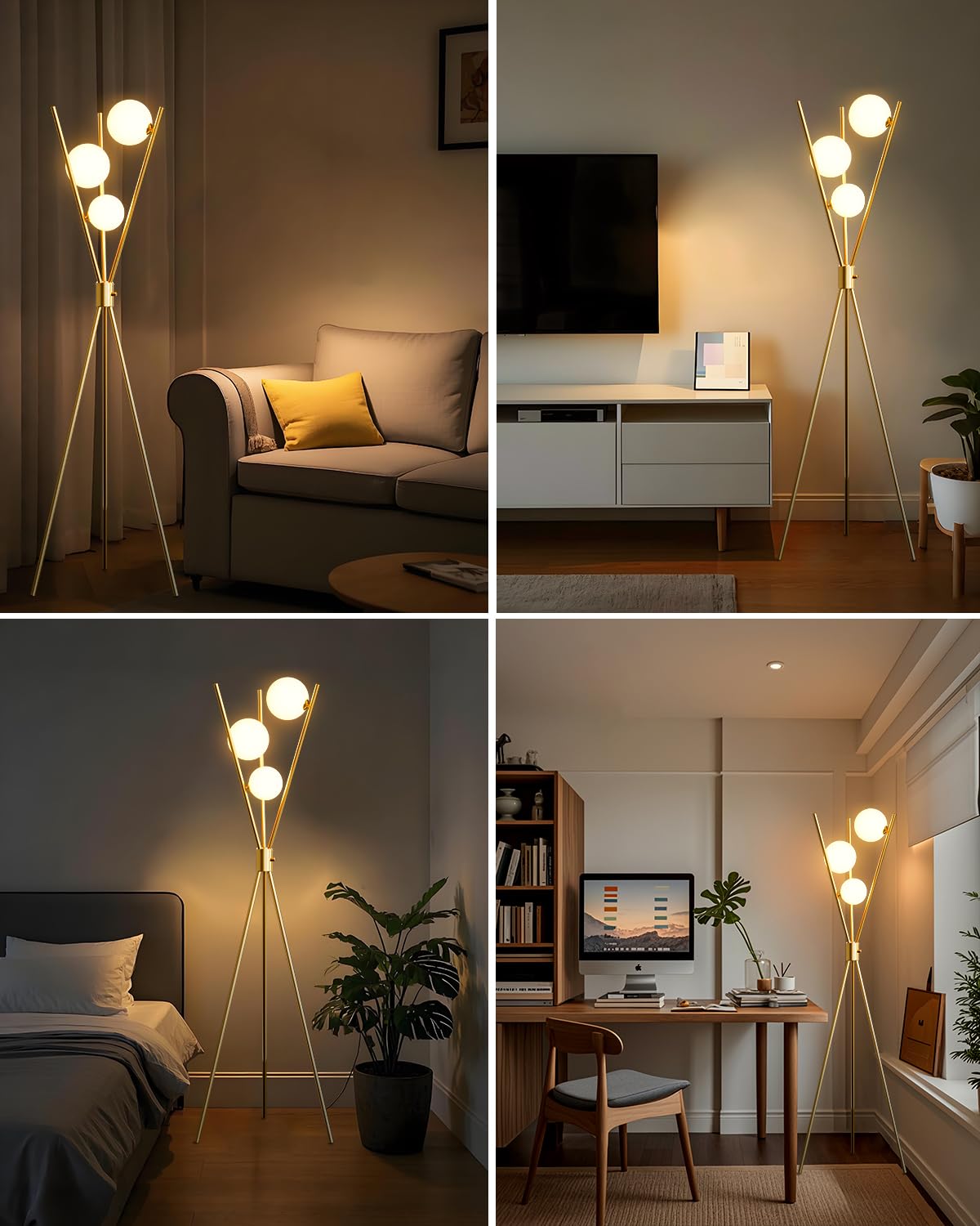 Lightdot Modern Floor Lamp - Stepless Dimmable, 3 Globe, Gold, Metal, Model LFLL, Mid Century Design for Living Room/Bedroom