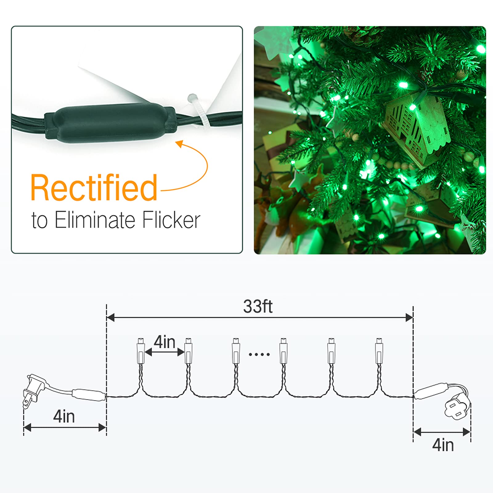 Brizled 33ft Green Christmas Lights, 100 LED Wide Angle, UL Certified, Model I3-100-4, Indoor/Outdoor String Lights