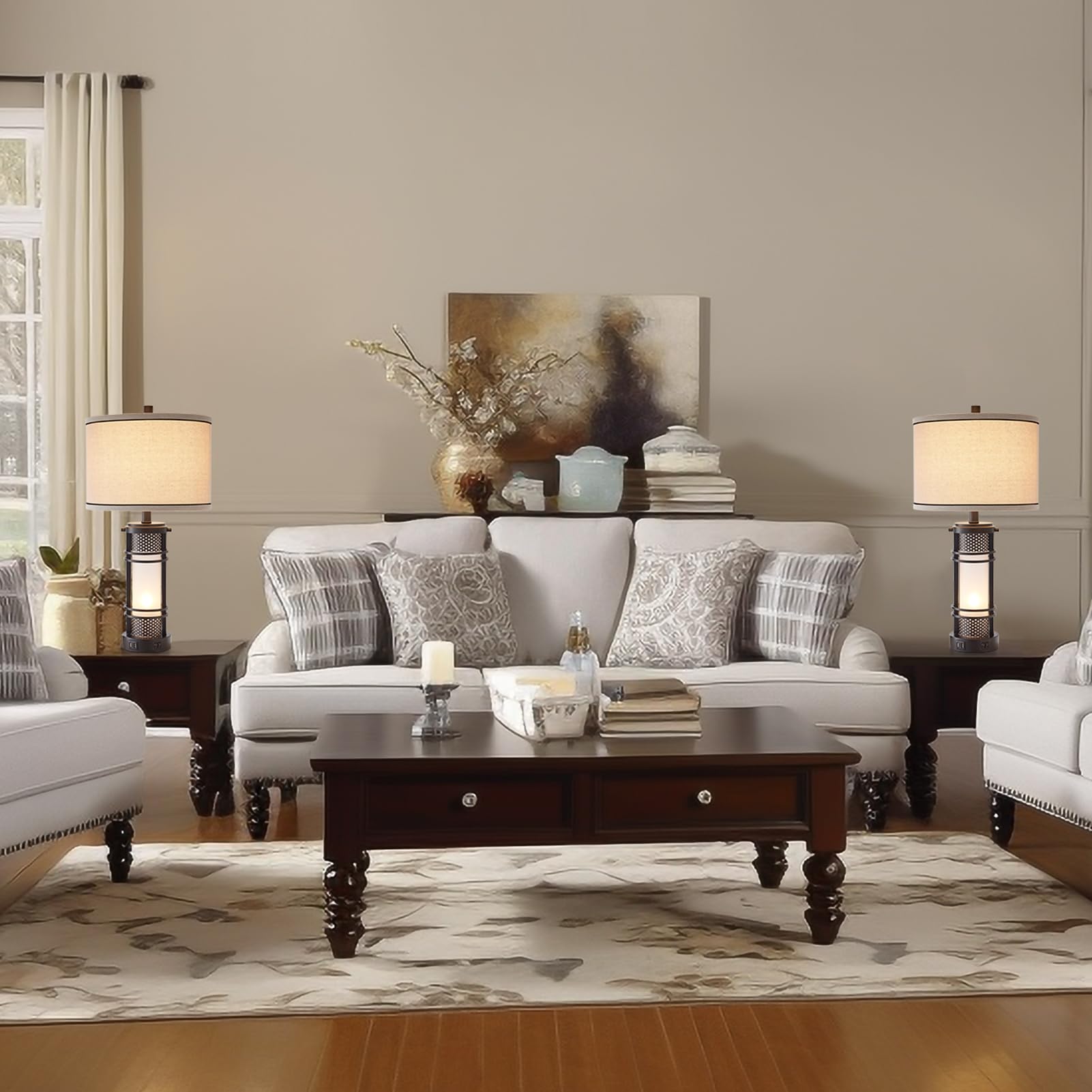 Aieampdo Set Of 2 Modern Table Lamps For Living Room, Contemporary Nightstand Lamp With Dual Usb Port, Bedside Lamps With White