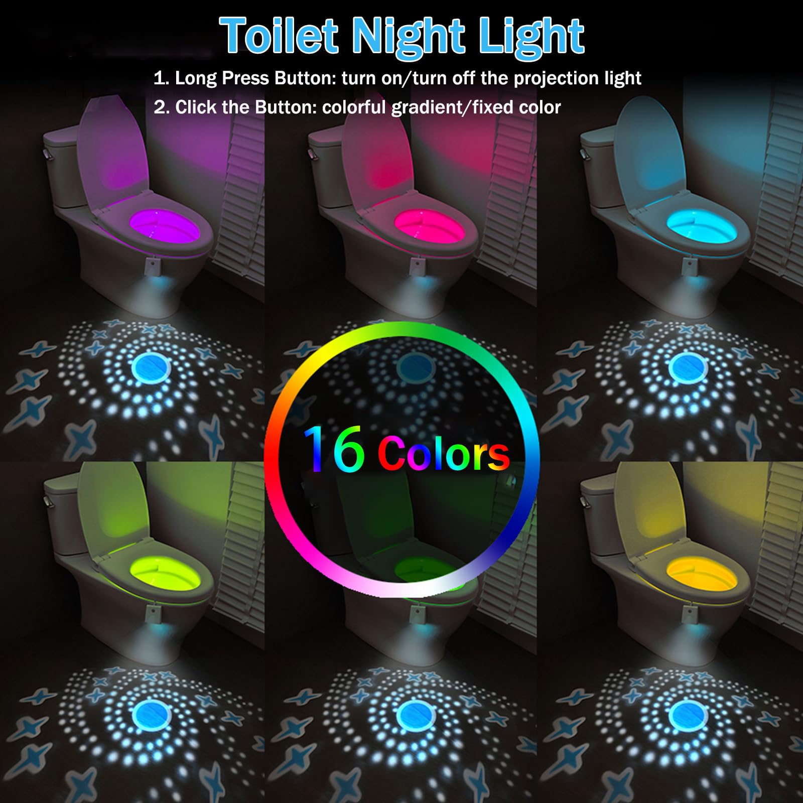 Toilet Light Motion Sensor, 16 Colors Changing Toilet Night Light With Star Projection Light, Rechargable Toilet Bowl Light Led
