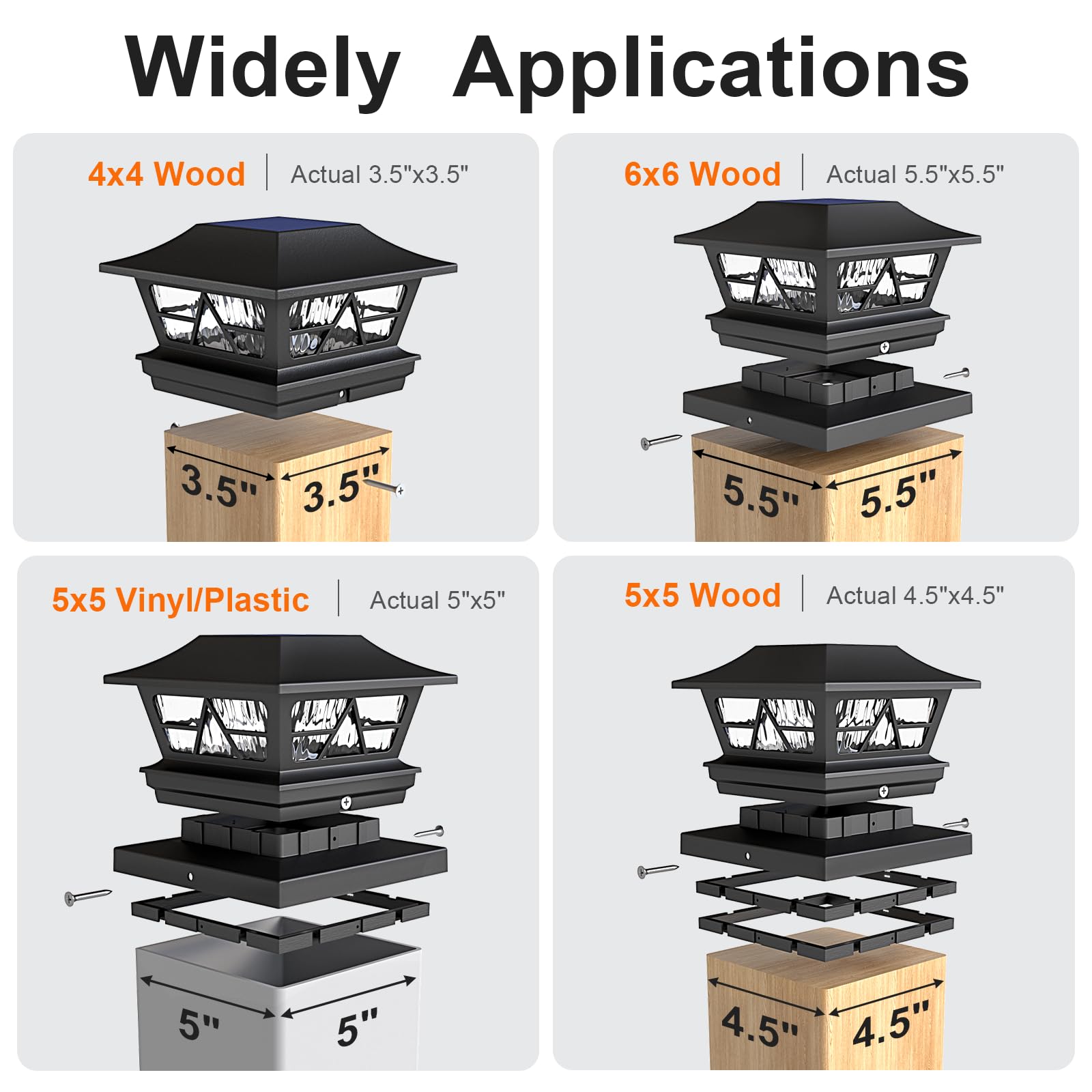 Viewsun Solar Post Lights, Waterproof RGB Color Changing, 8 Pack, Black, for 4x4 5x5 6x6 Vinyl/Wooden Fence, Model VV-LT111
