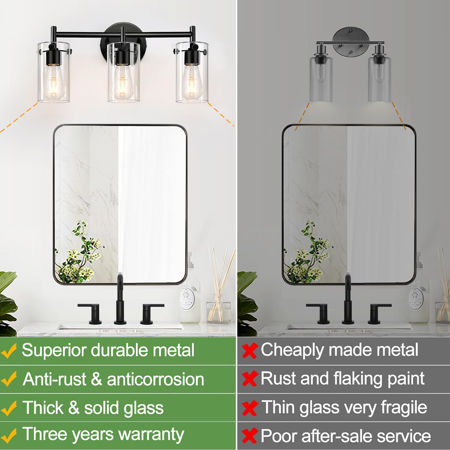 Indoi Bathroom Light Fixtures 2023 Upgrade, 3-Light Matte Black Vanity Light, Black Bathroom Lights Over Mirror With Clear Glass