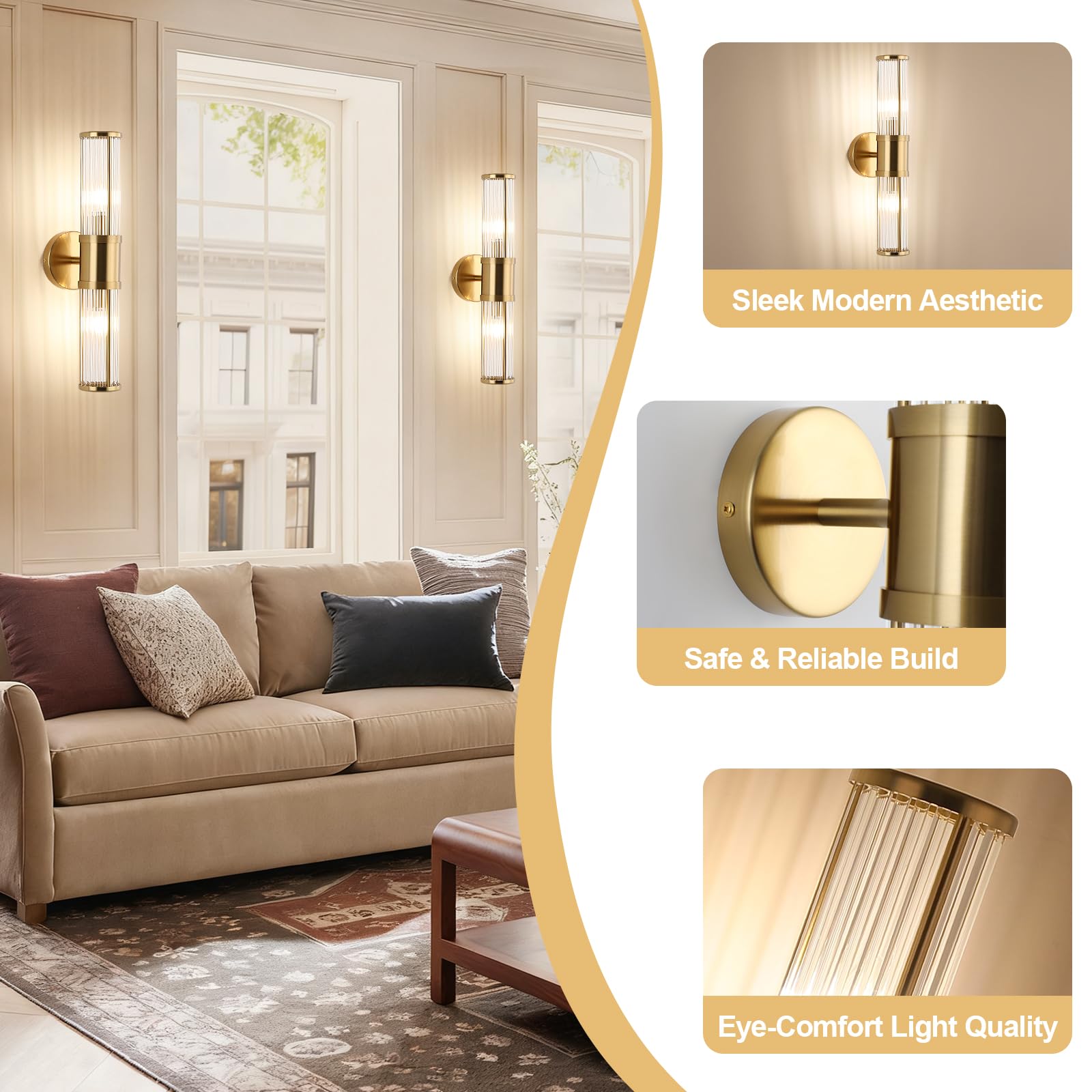 ECOBRT Glass Rods Wall Light Fixture, Brass Indoor Vanity Light, E12 Socket, Model 1630-Brass, Brushed Brass Finish