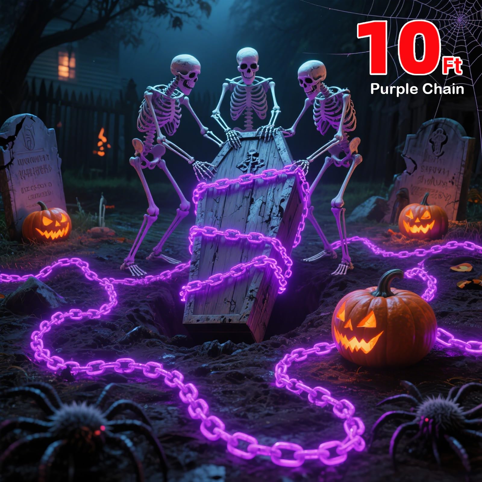 Ohwewant Solar Halloween Decorations Outdoor  10Ft Purple Chain Lights  Waterproof Solar Halloween Lights For Outdoor Haunted House Party Skeleton Dog Cosplay Props Yard