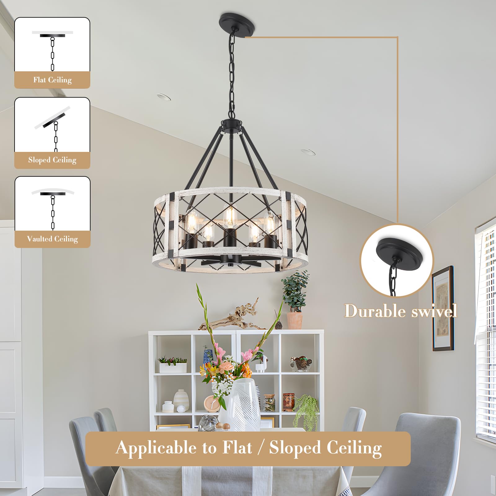 CWarmozy 5-Light Farmhouse Chandelier, 19.8" Adjustable Pendant Light, Black and White Wood Texture for Dining Room, Kitchen, Entryway
