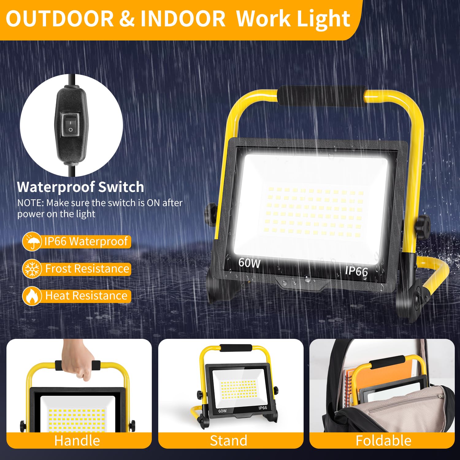 60W Led Work Light, 7200 Lm Outdoor Flood Light With 16Ft Cord & Switch, Ip66 Waterproof Portable Job Site Light With Stand, 500