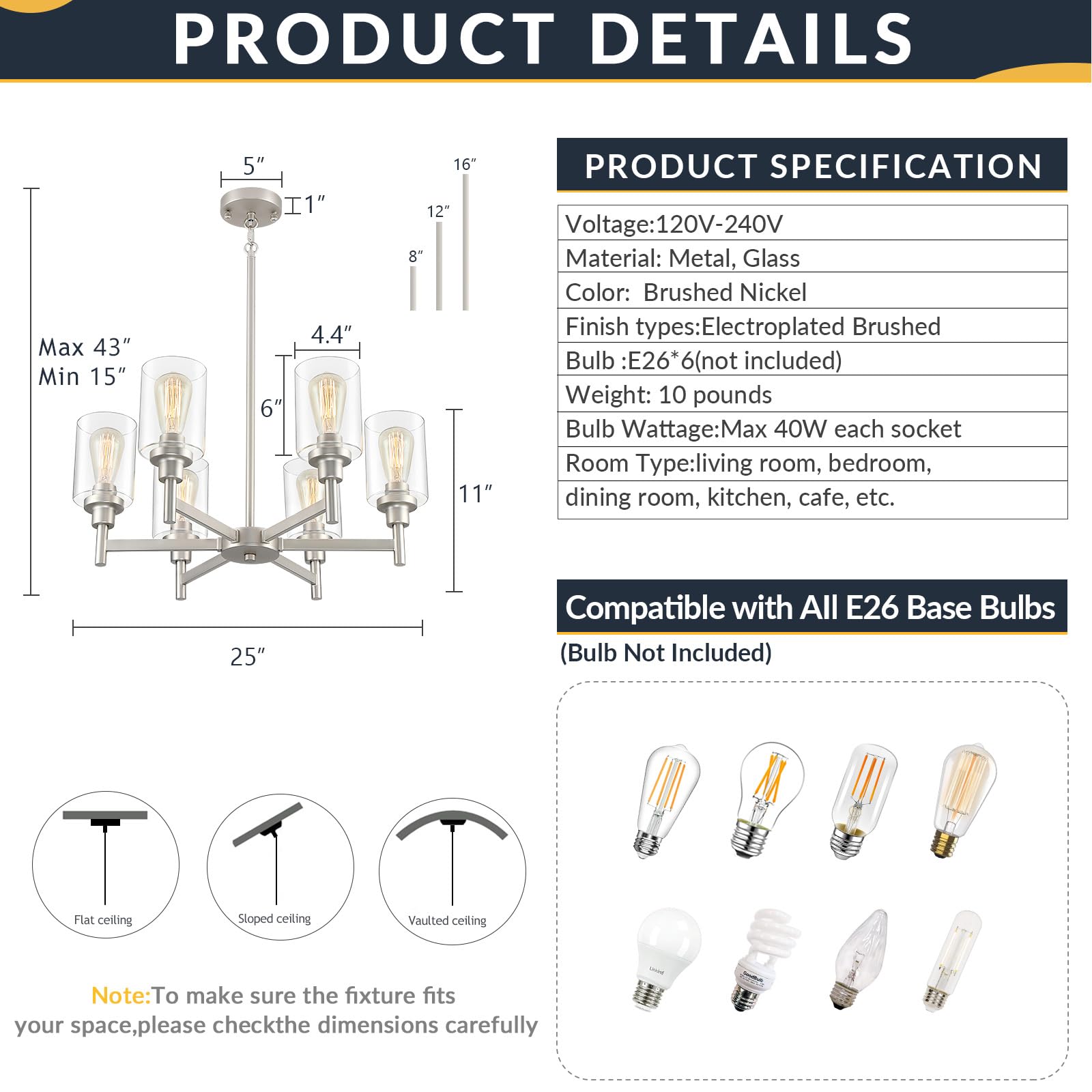 Lightdamy Brushed Nickel Chandeliers For Dining Room Light Fixture Over Table, 6 Lights Farmhouse Chandeliers With Clear Glass S