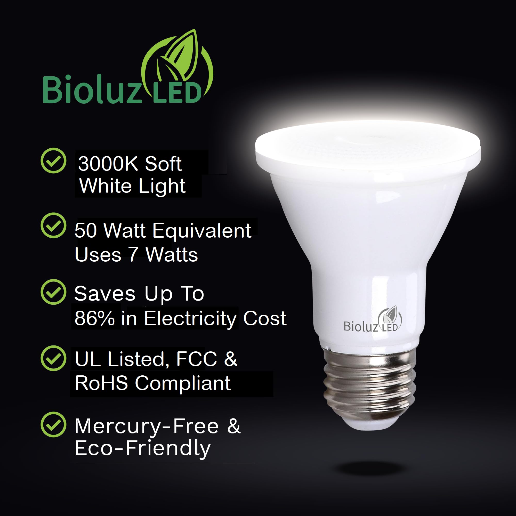 Bioluz Led 4 Pack Par20 Led Bulbs 3000K Soft White Dimmable 50 Watt Equivalent Using 7W, Spot Light Bulb E26 Base 40 Degree Beam