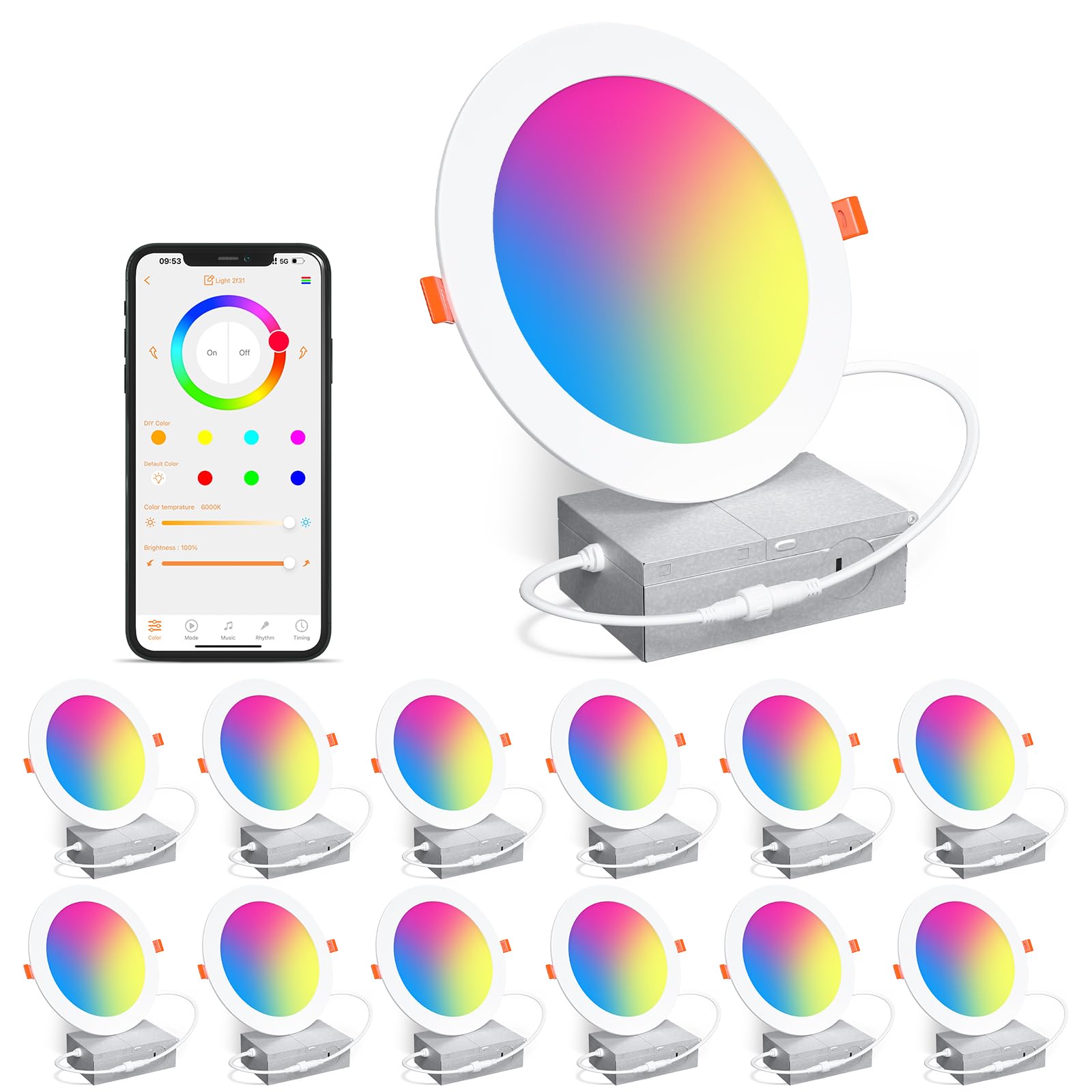 SikSog Smart Recessed Lighting 16W LED Downlight, 6 Inch, RGB+5CCT, Dimmable, Bluetooth Control, 12 Pack, Model 194839