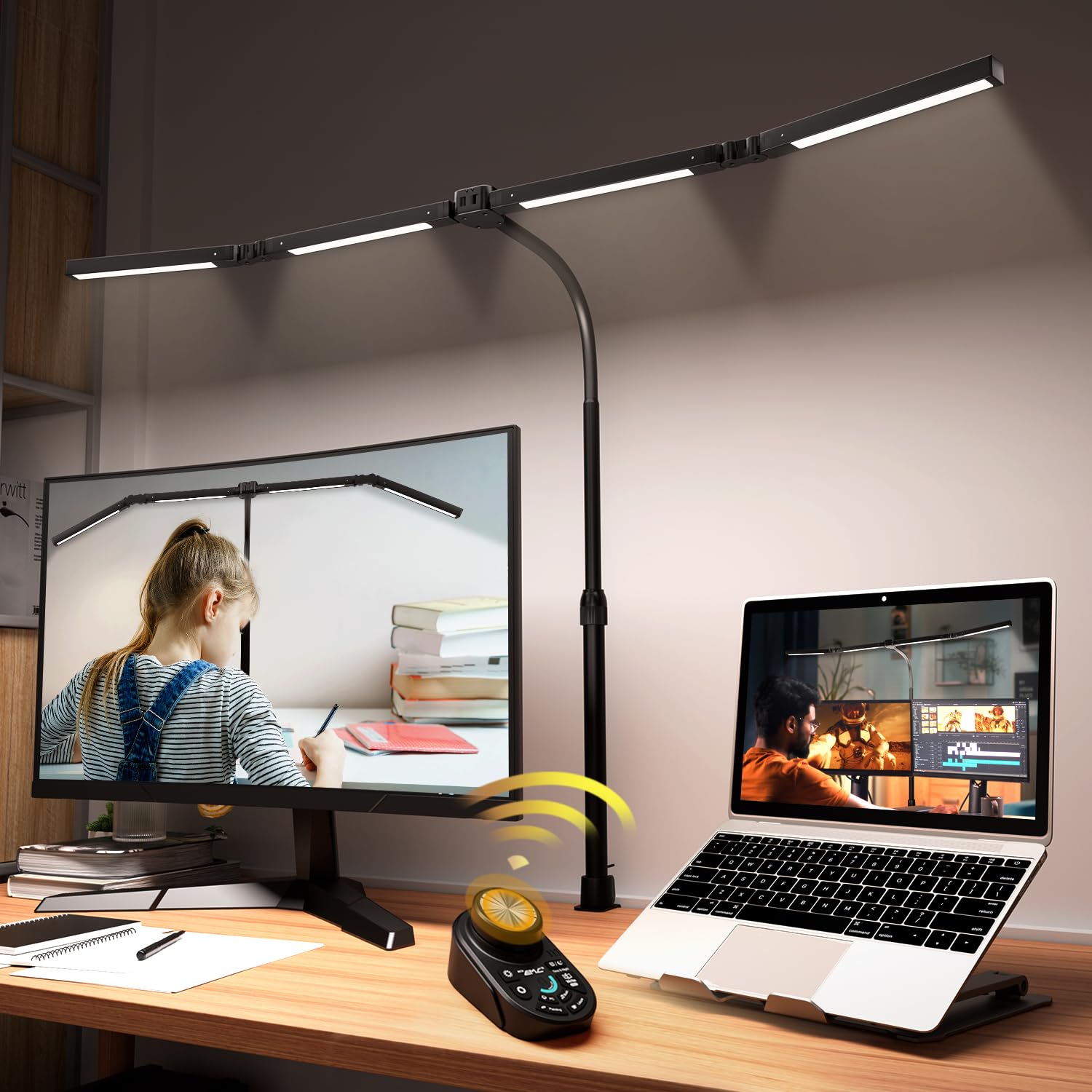 Adjustable LED Desk Lamp - Stepless Dimming & Color Temp Remote Control  Eye-Caring 4 Large Bright Light Souce for Home Office  Gooseneck  Clamp Base  5 Lighting Modes for Reading  Computer  DIY