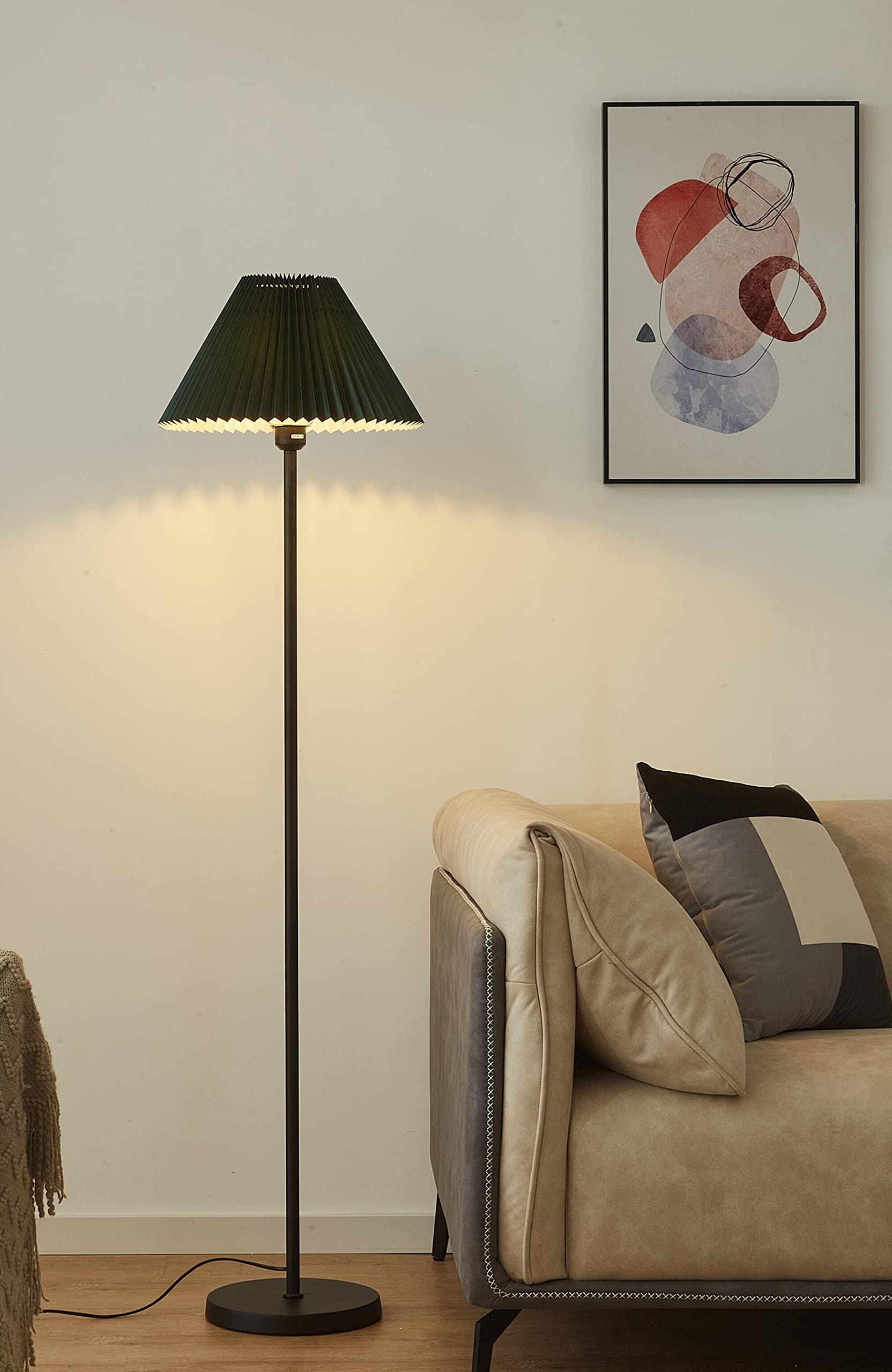 Modern Elegant Black Pole Floor Lamp Simple Design Tall Lamp With Dark Green Shade Standing Lamp With Led Bulb For Living Room A