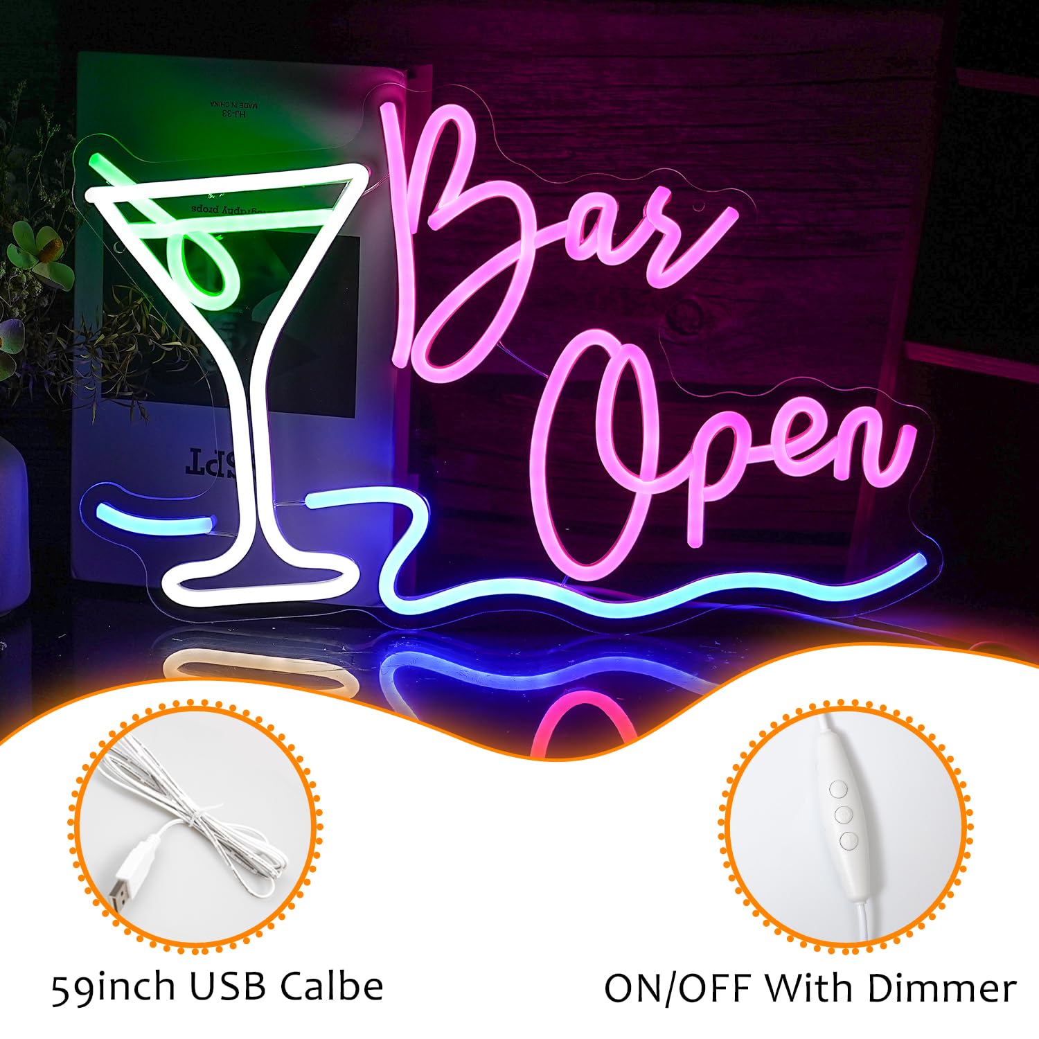 Bar Open Neon Sign Dimmable Led Cocktail Neon Lights Signs For Wall Decor Bar Open Neon Wall Light Up Sign For Bar Pub Store Man Cave Party Club Restaurant Decor Open Signs