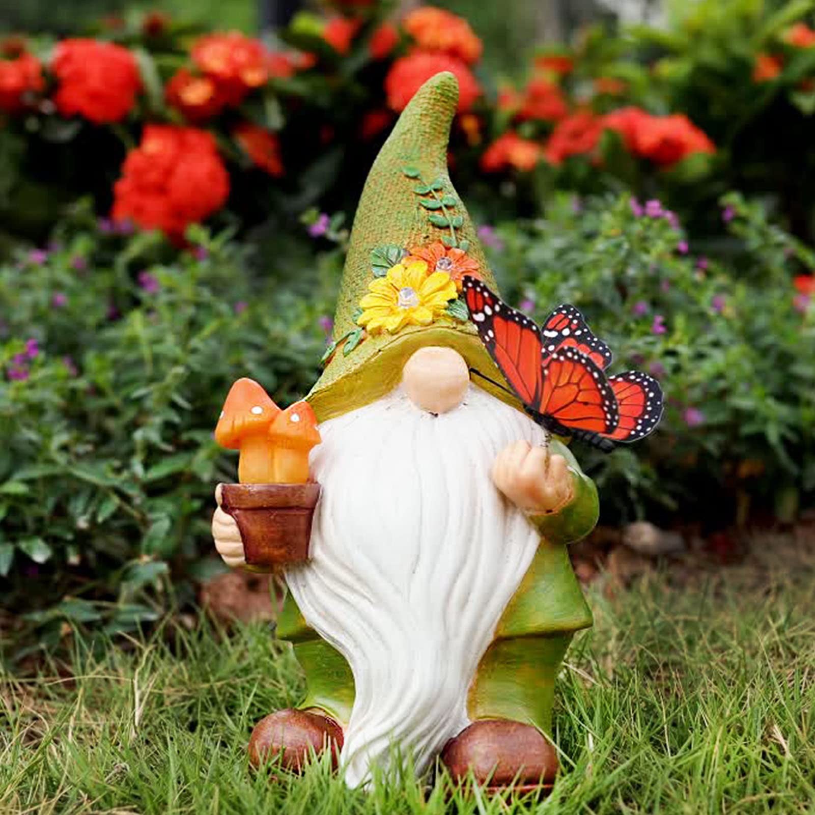 Foreby Garden Gnomes Outdoor Garden Decor-Resin Gnome With Solar Outdoor Lights Decorative Mushroom And Vivid Butterfly Spring Gnomes Decorations For Yard Decor,Gardening Gifts For Women