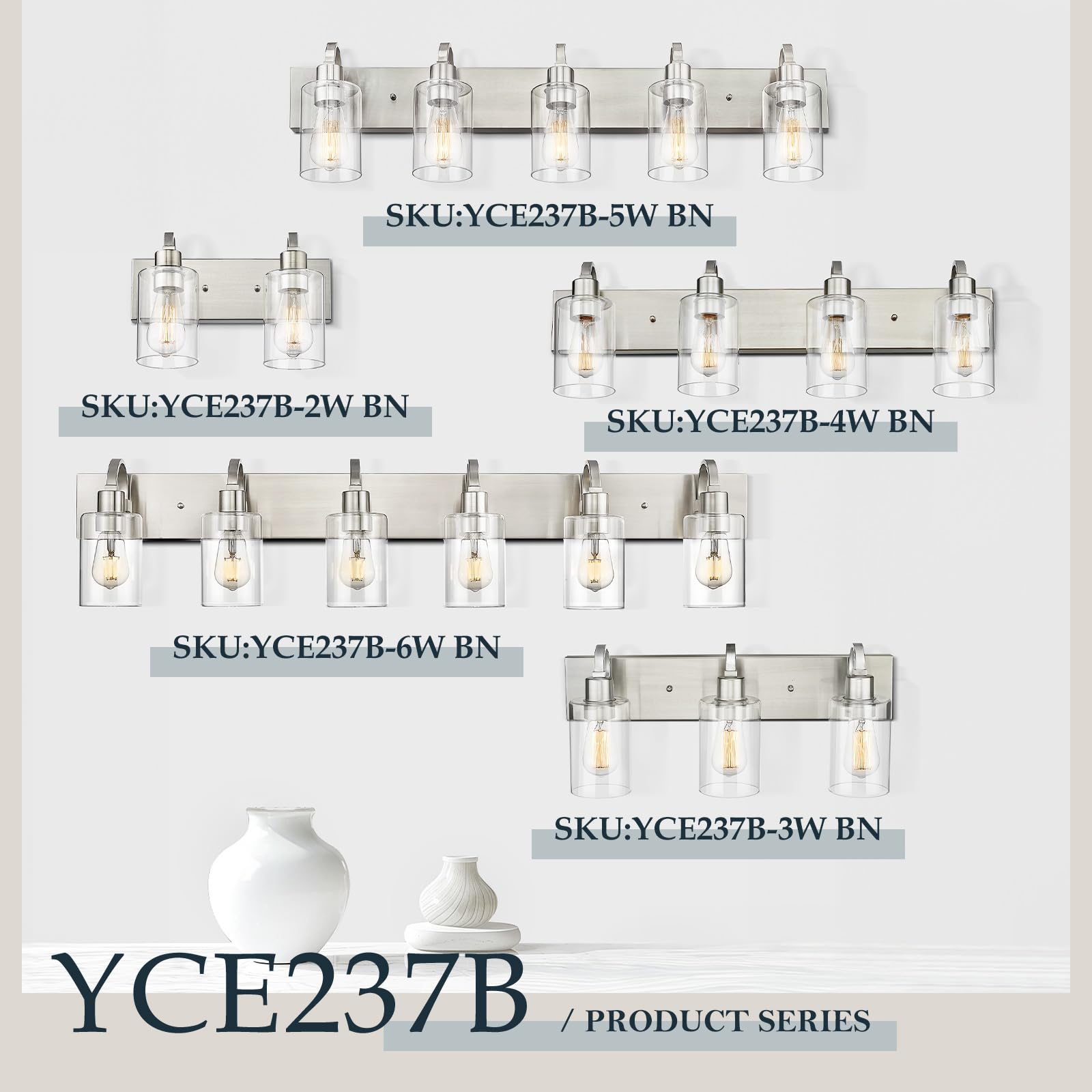 Emliviar 2-Light Brushed Nickel Bathroom Vanity Light Fixture With Clear Glass Yce237B-2W Bn