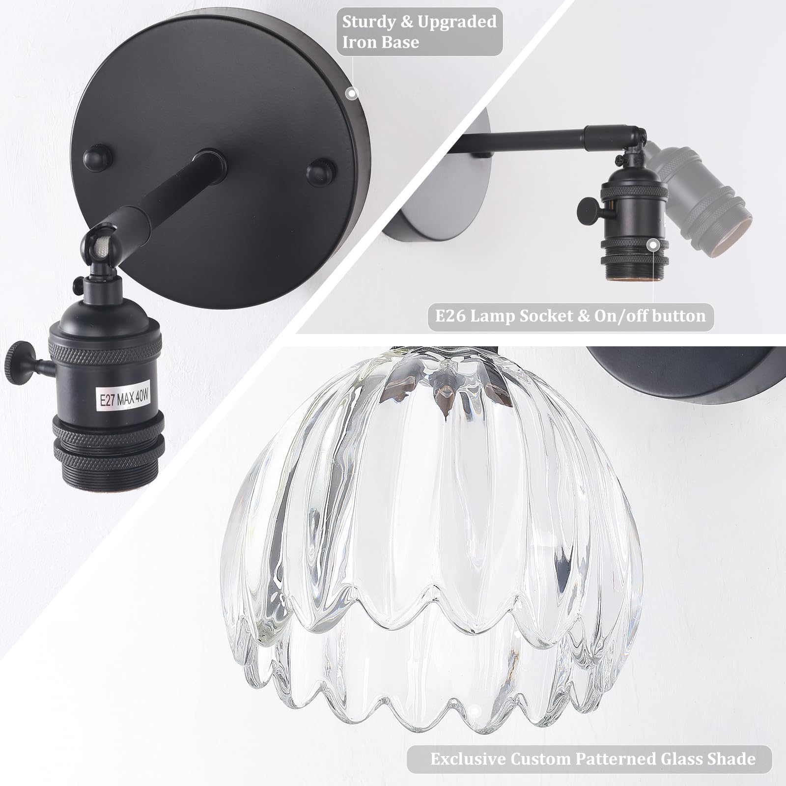 Shenmoyl Vintage Wall Sconce - 1 Light Hardwired Black Fixture with Clear Tulip Glass Lampshade, 180° Adjustable for Bedroom & Doorway