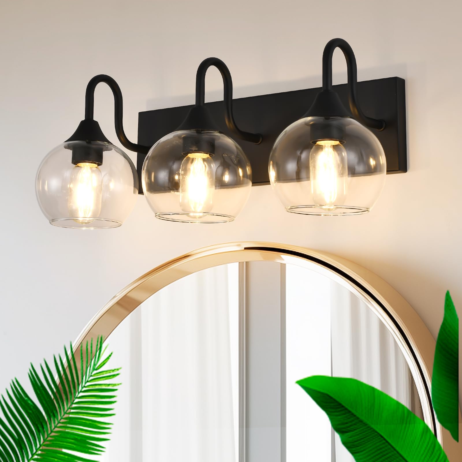 NOVCAND Matte Black Bathroom Light Fixtures, 3-Light Vanity Light Over Mirror, Modern Wall Sconces 21 with Clear Glass Globe Sha