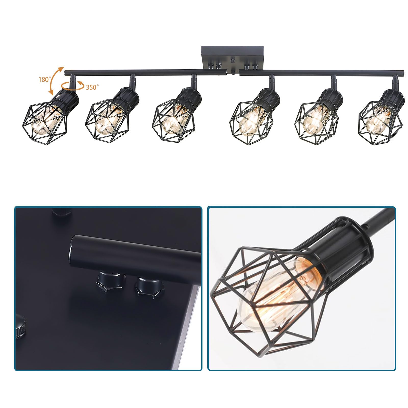 BANGANMA 6-Light Black Metal Cage Track Lighting Fixtures for Kitchen, Living Room, Dining Room – Model GD-30256