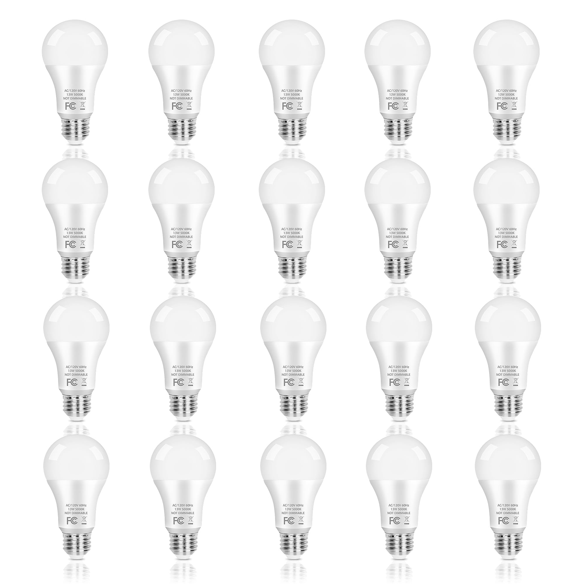 PARTPHONER A19 LED Light Bulb, 100W Equivalent, 13W, 5000K Daylight White, E26 Base, 20-Pack, CRI 85+,