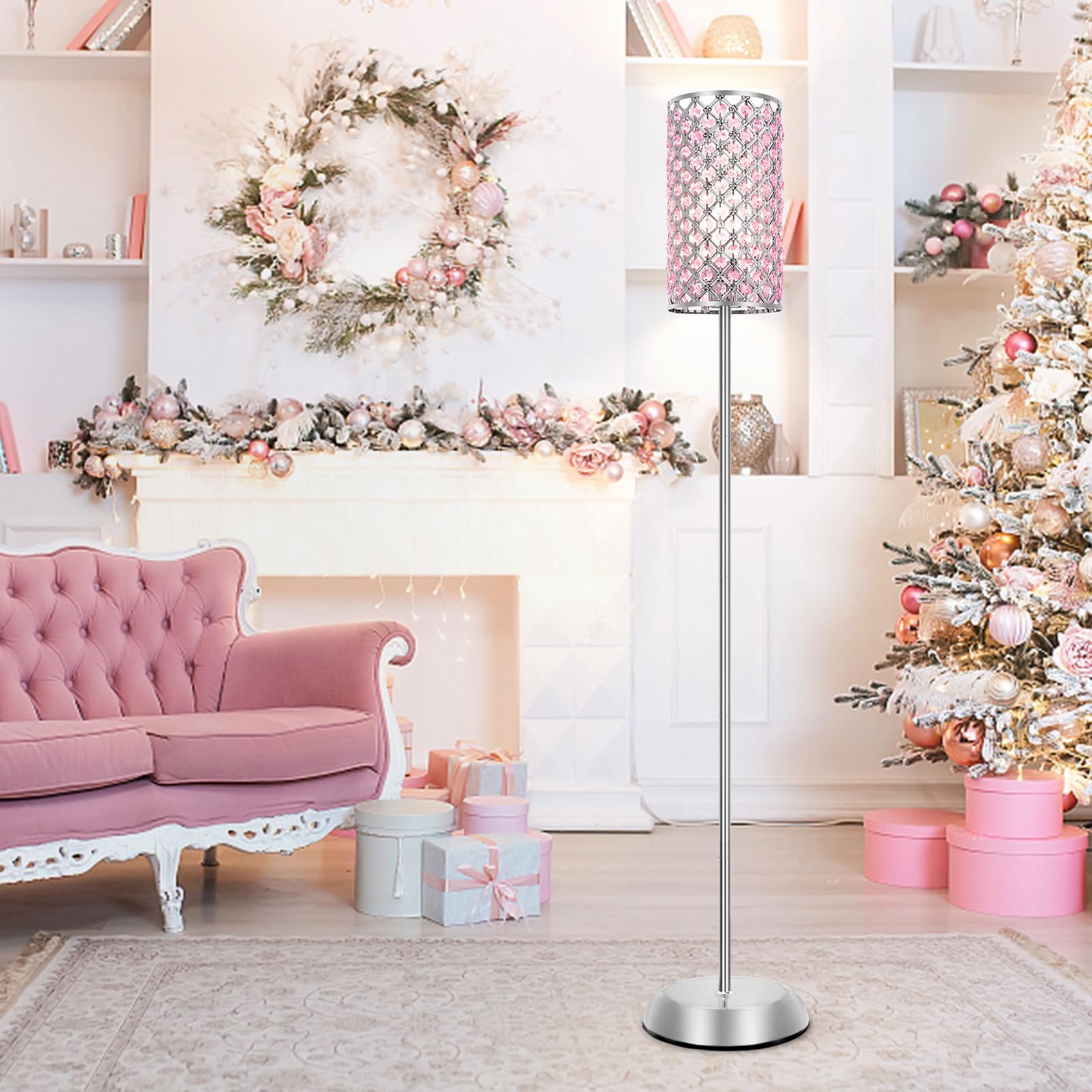 GyroVu Crystal Floor Lamp - Pink Modern Tall Lamp with Foot Switch for Bedroom, Living Room, Office, Dorm