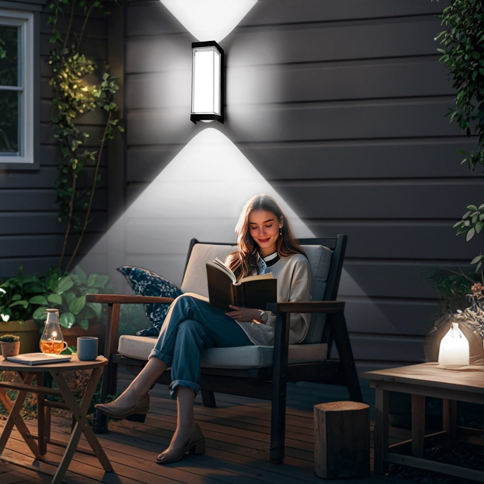 DUGWRY LED Outdoor Wall Sconce, 24W IP65 Waterproof, 3000LM 6000K Black Aluminum, Model 552, Modern Double Lampshade Lighting