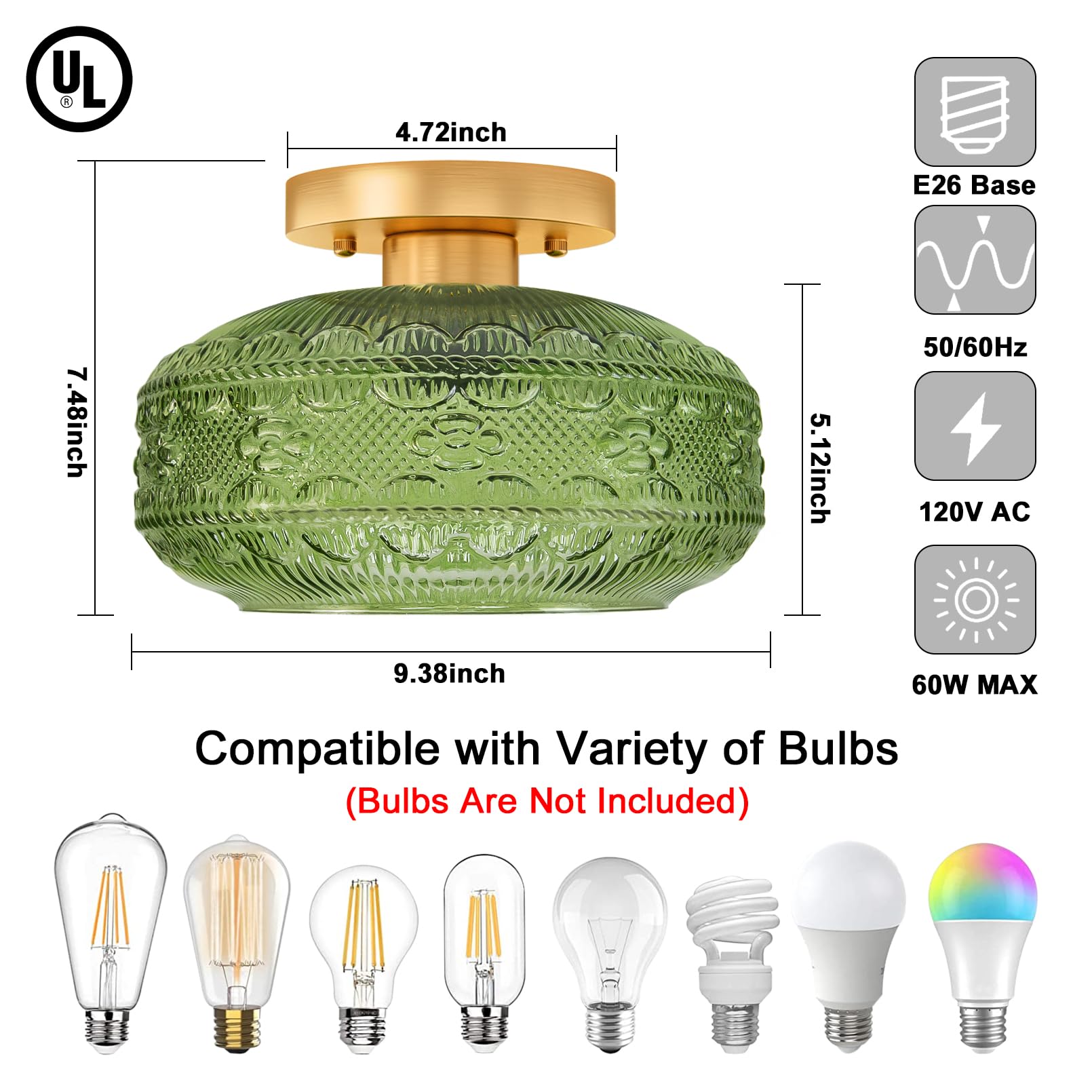 Apoto Semi Flush Mount Ceiling Light Fixture Green,Vintage Hallway Light Fixture Ceiling,Globe Glass Light Fixtures Ceiling Moun