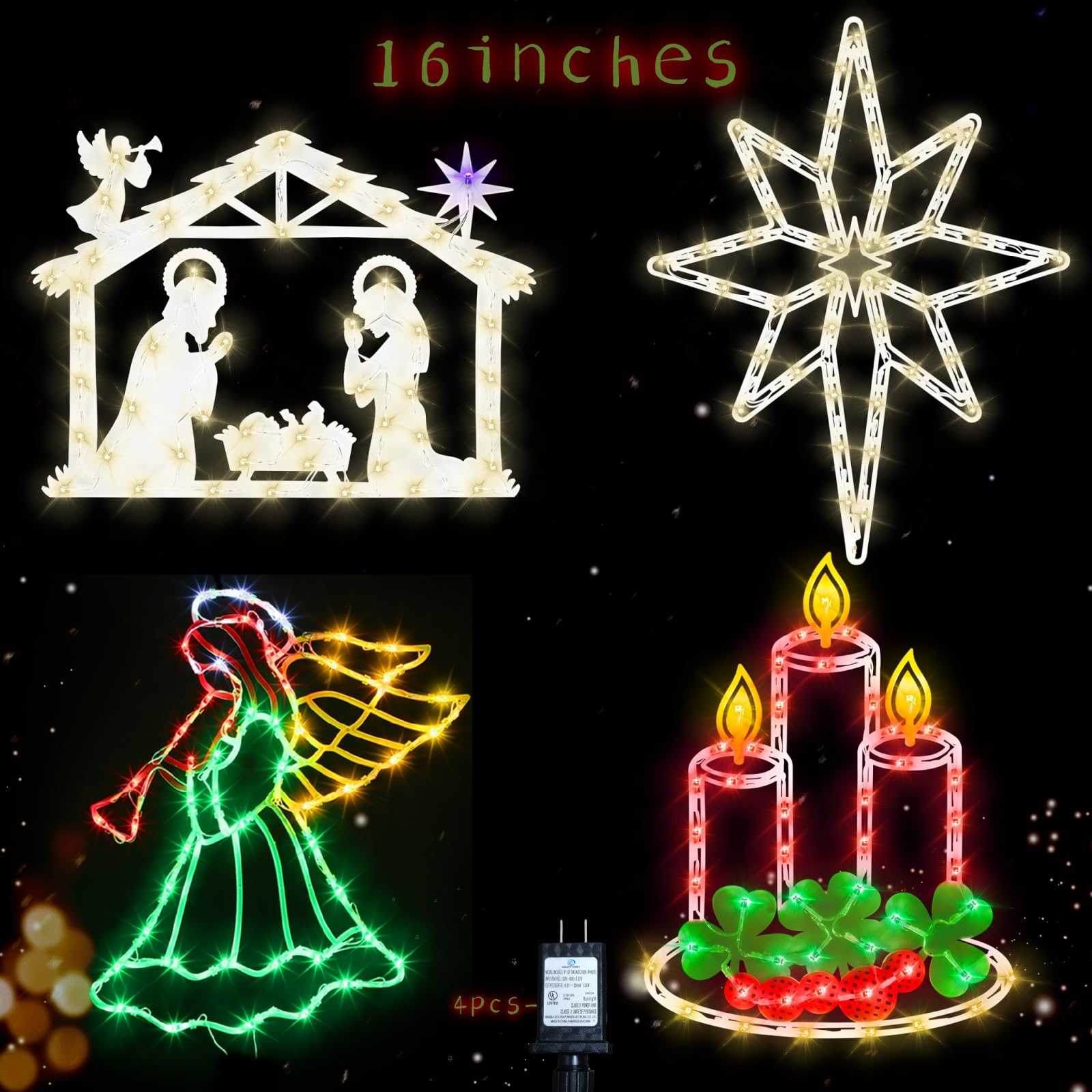 Christmas Decorations - 16" Christmas Window Silhouette Lights Decorations - 4 Pack Colour Lighted Angel & Bethlehem Star & Nativity & Candle for Holiday Wall Door Window Decorate