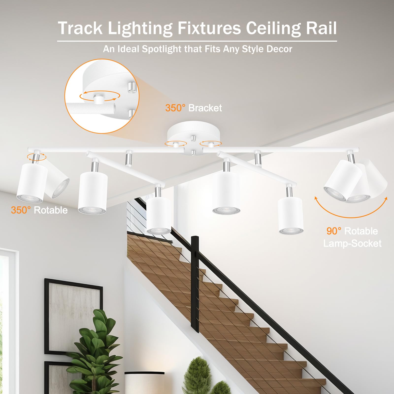 White Track Lighting Kitchen, 6 Light Track Lighting Fixtures Ceiling Kit, 6 Way Modern Flexible Spot Track Lighting, Industrial