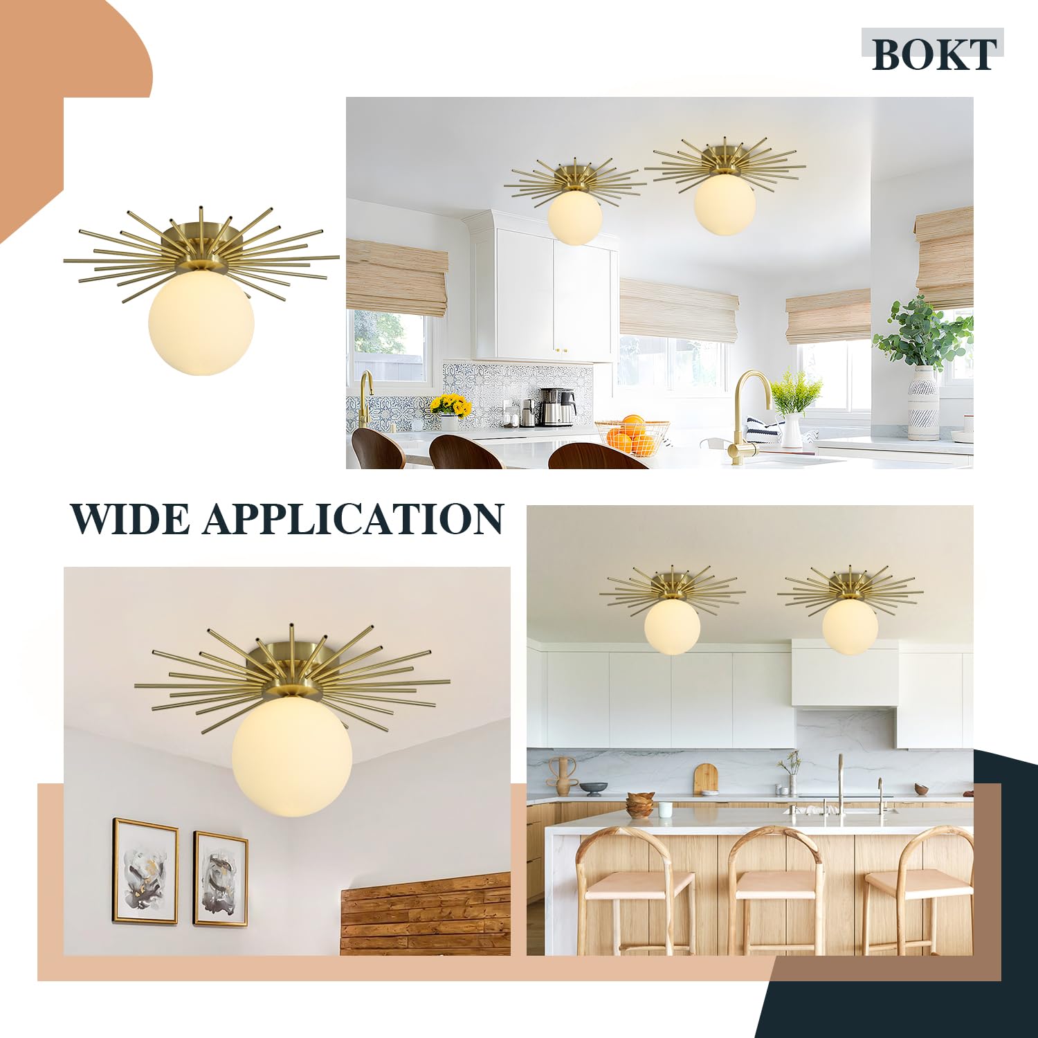 Bokt Modern Gold Semi Flush Mount Ceiling Light Mid Century White Glass Globe Ceiling Light Industrial Close To Ceiling Light Vi