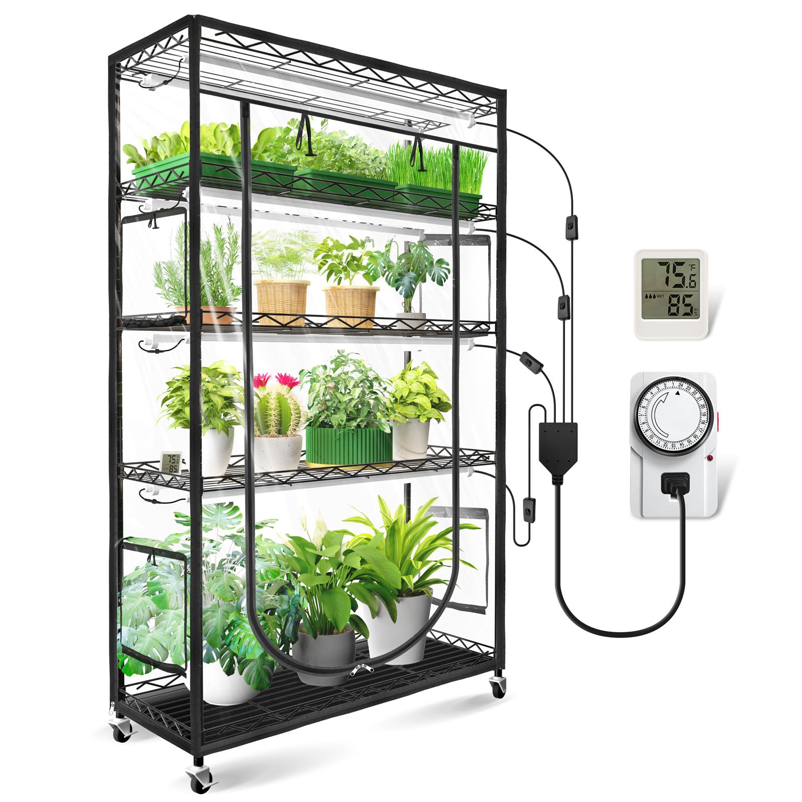 Jesled Indoor Greenhouse With Grow Light  3Ft Full Spectrum 5000K Led Light For Seed Starting  Tiered Lighting Control  Built-In Timer & Thermo-Hygrometer  Rolling Metal Plant Stand (35.4X13.8X70In)