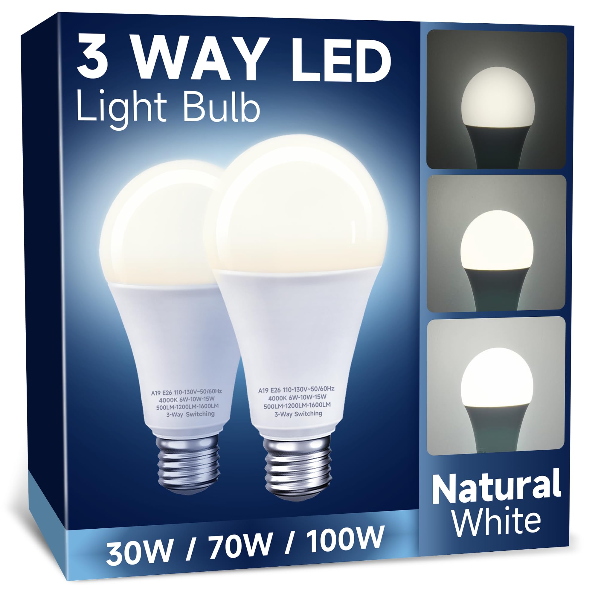 Unilamp 3 Way Led Light Bulbs, 3 Way Light Bulbs 30 70 100W Equivalent, Natural White 4000K Three Way A19 Light Bulbs, E26 Mediu