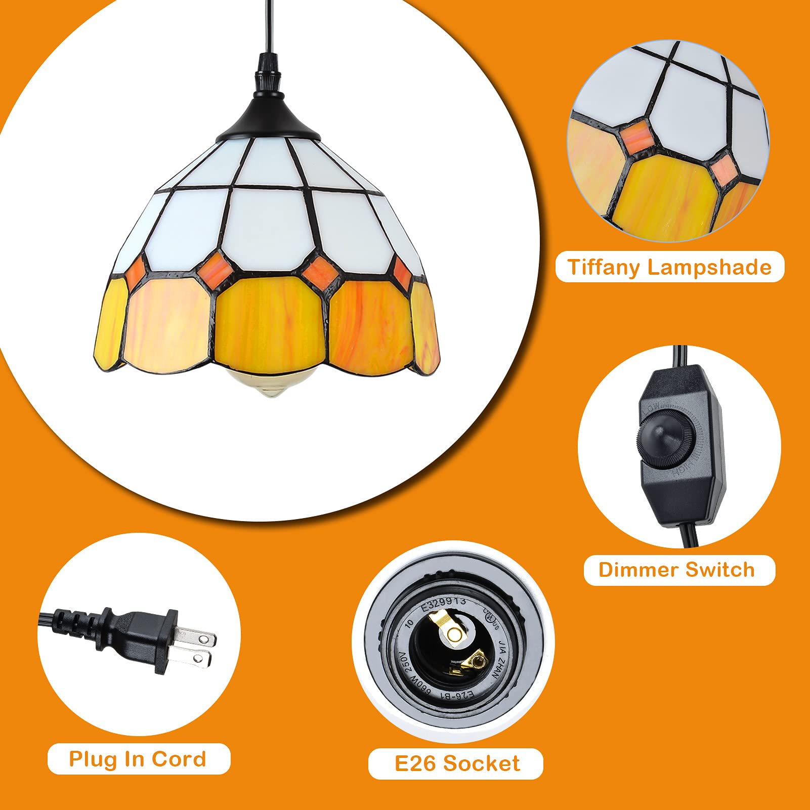 Stepeak Tiffany Hanging Pendant Light - Dimmable Vintage Ceiling Lamp, 7.9" Width, Yellow, 16.4 Ft Cord, Model HL-Y