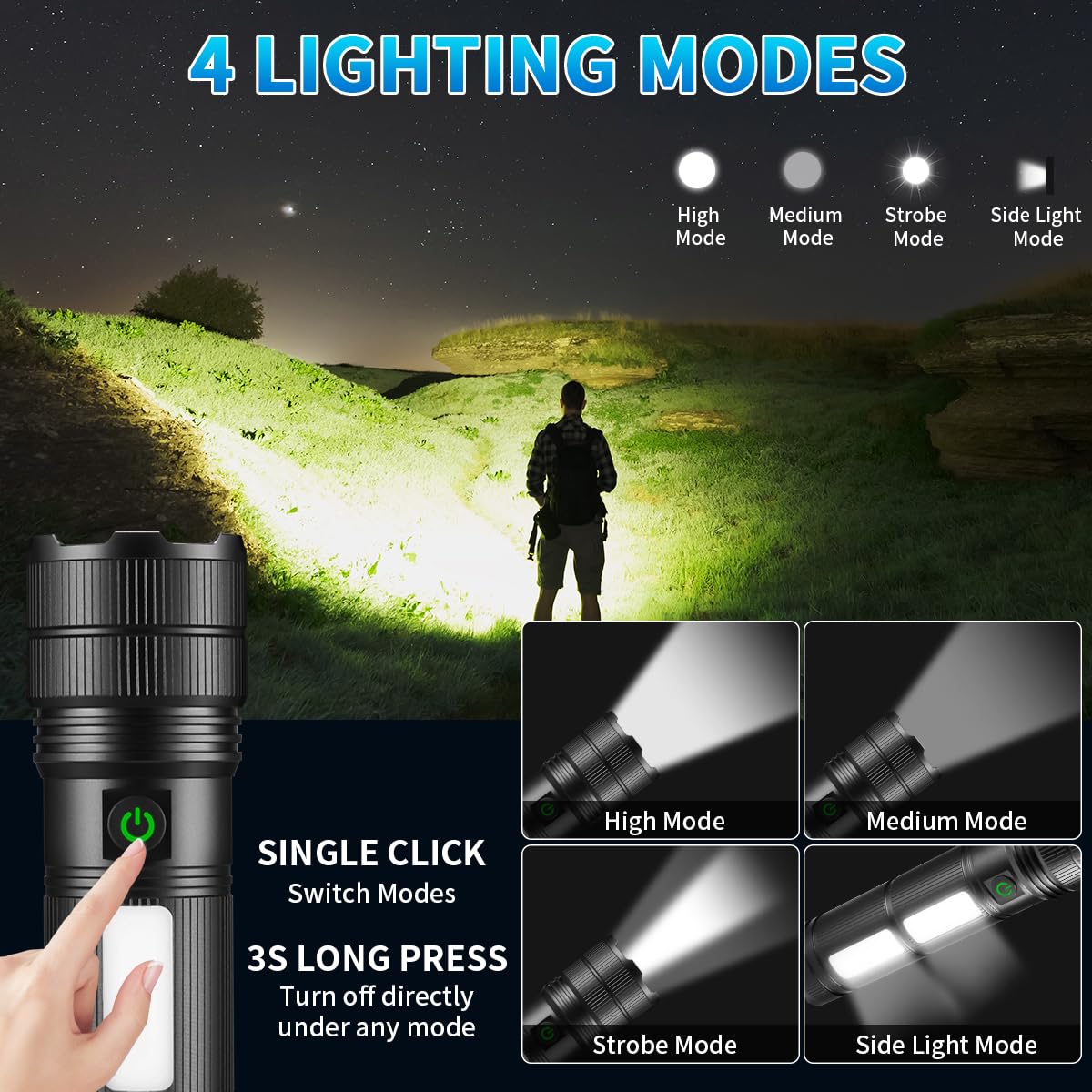 Large Size & High Powered Flashlight, Flashlights High Lumens 1000000, Super Bright Flashlight, Rechargeable Flashlights Led, Ad