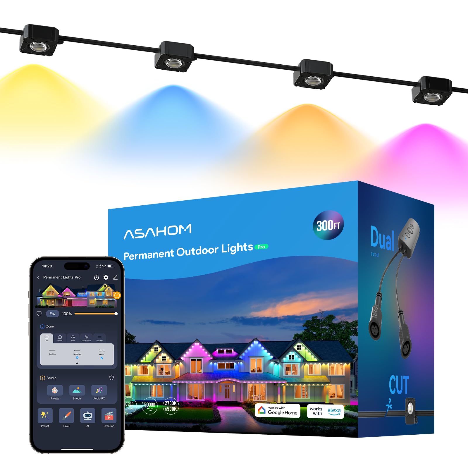 ASAHOM Permanent Outdoor Lights Pro S108E, 300FT with 216 RGBCW LEDs, WLED Integration, AI Lighting, 30000 Lighting Effect Combi